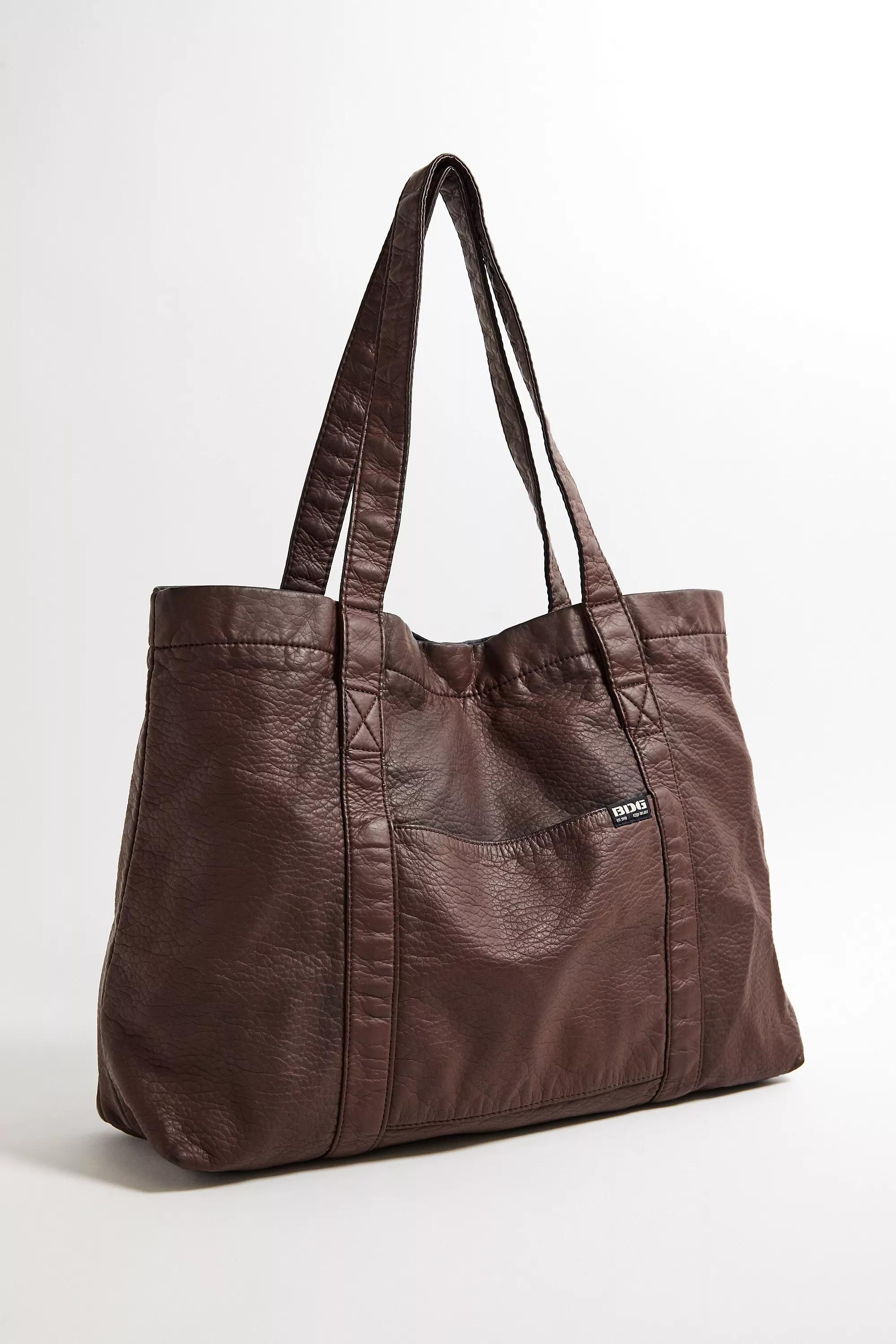 Brown Bdg Faux Leather Tote Bag, BRN, large image number 2