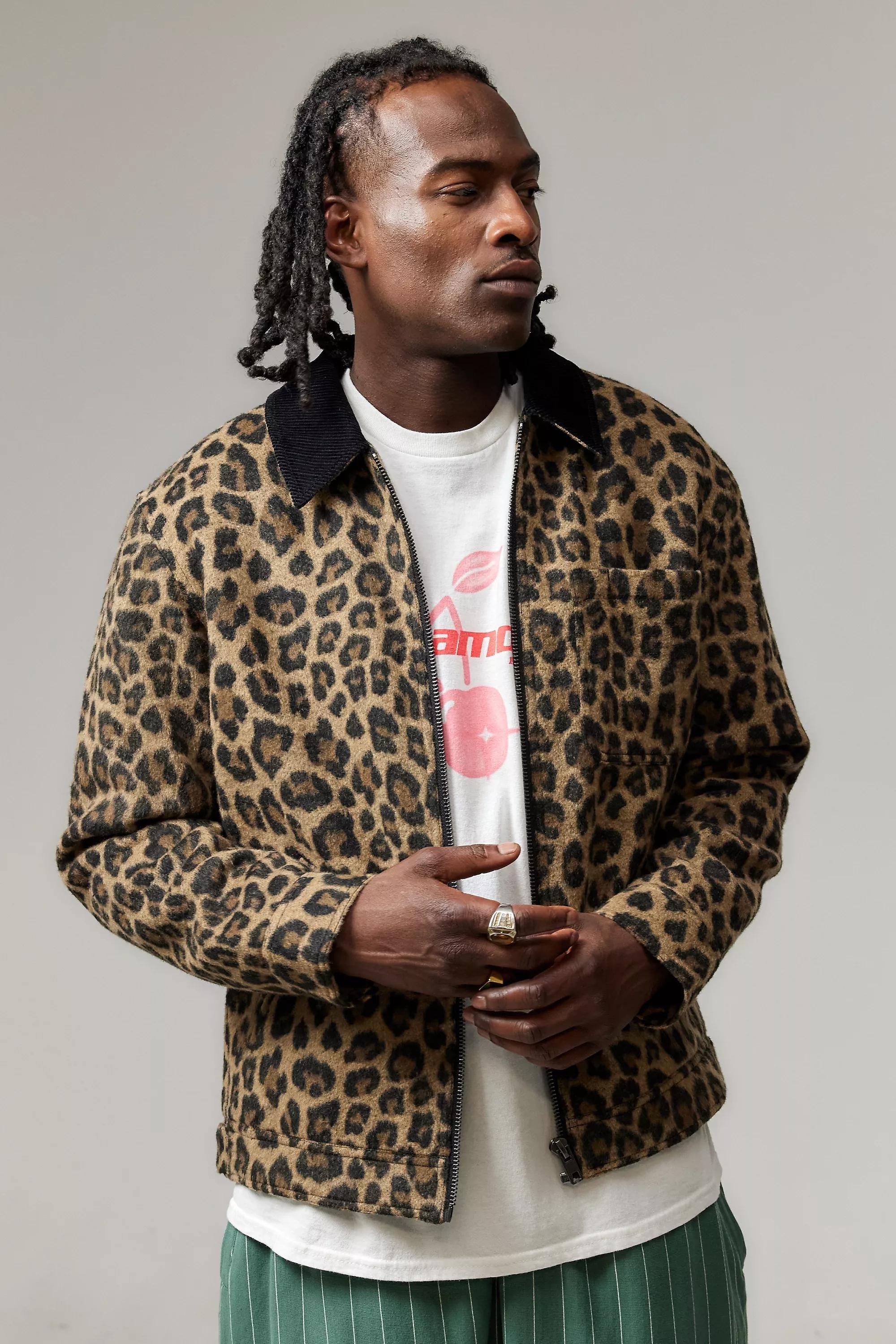 Brown Bdg Alba Leopard Print Zip Through Worker Jacket, , large image number 0