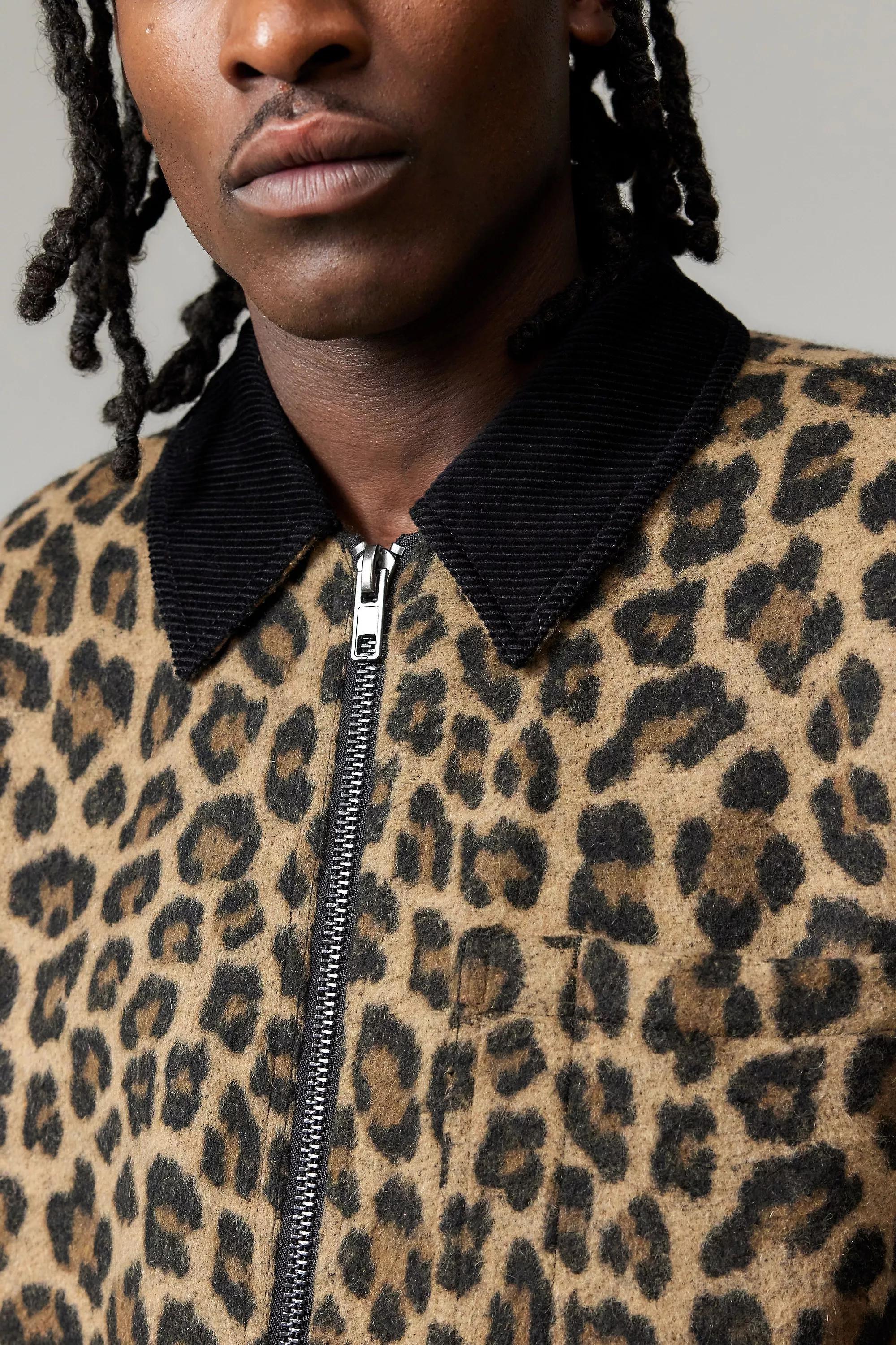 Brown Bdg Alba Leopard Print Zip Through Worker Jacket, , large image number 1