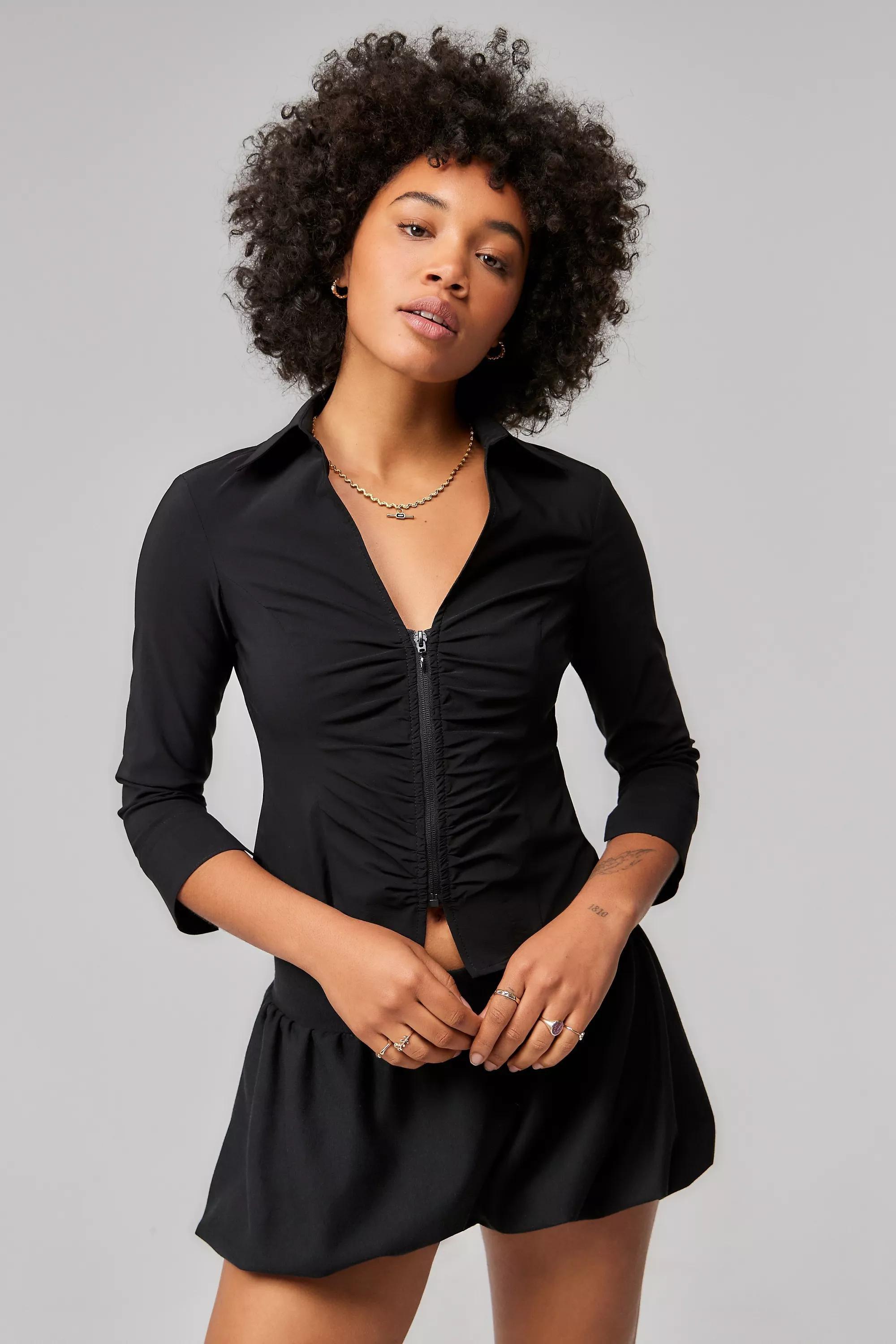 Black Silence + Noise Mila Ruched Bengaline Shirt, , large image number 0