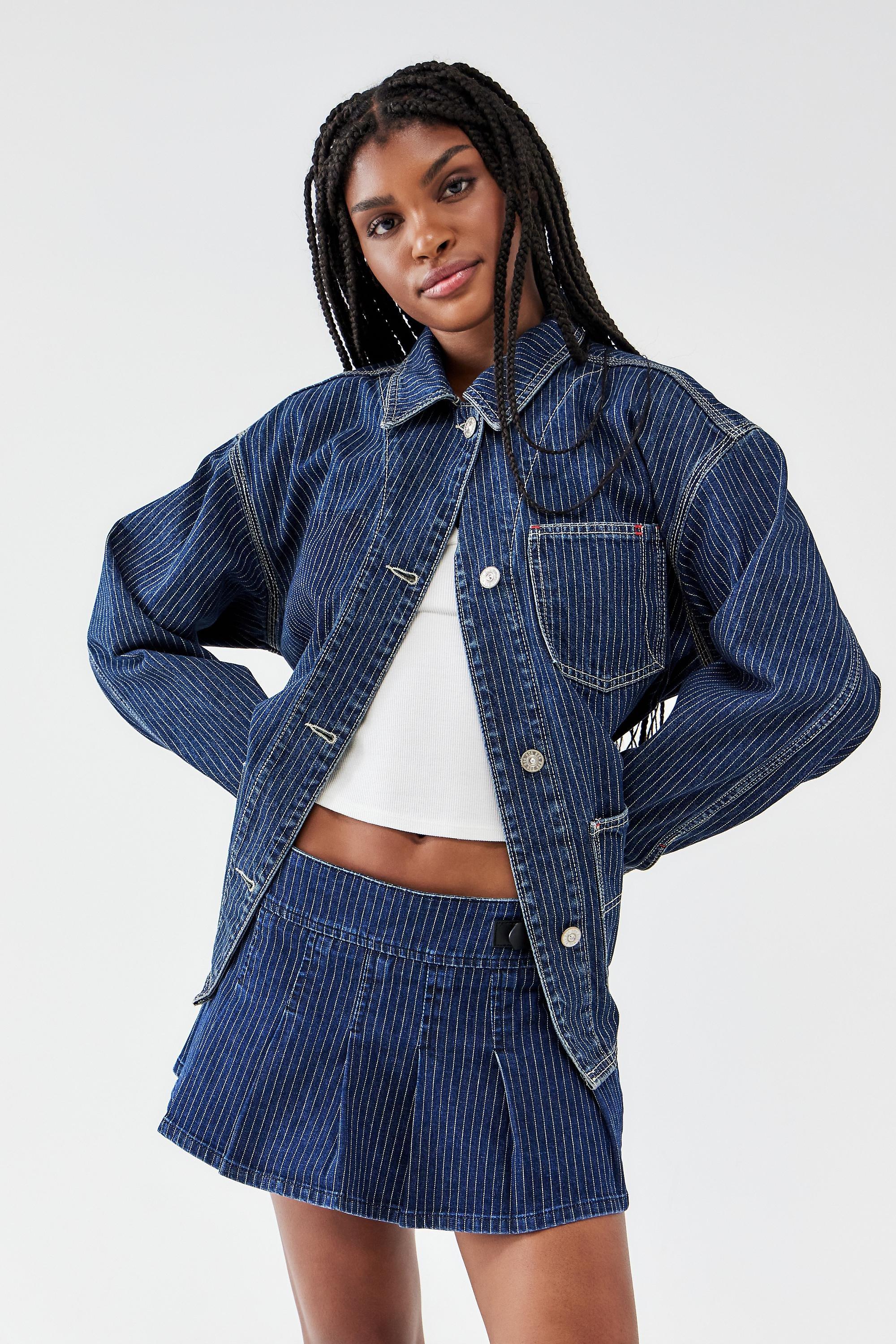 Blue Uo Pinstripe Denim Pleated Mini Skirt, , large image number 0