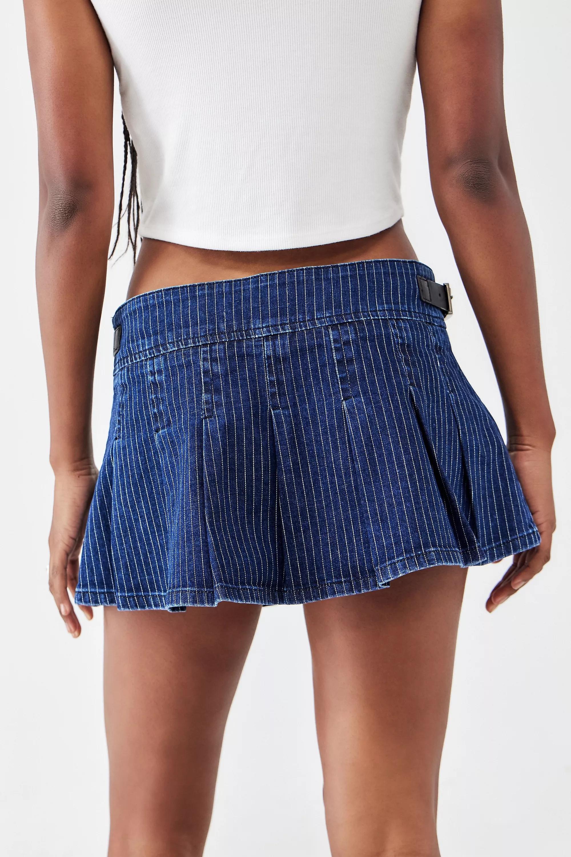 Blue Uo Pinstripe Denim Pleated Mini Skirt, , large image number 2