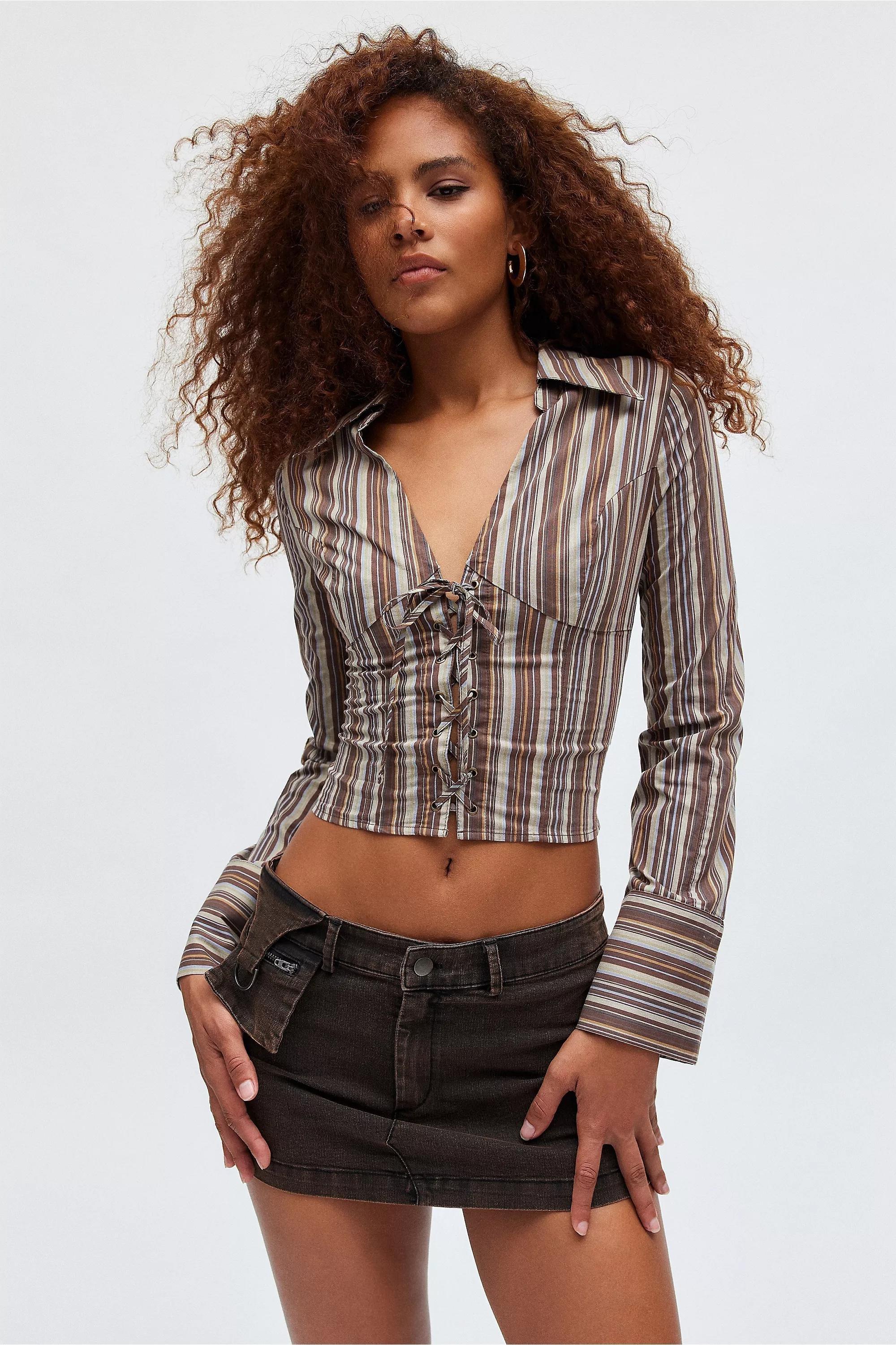 Brown Kimchi Blue Lace Up Blouse, , large image number 0