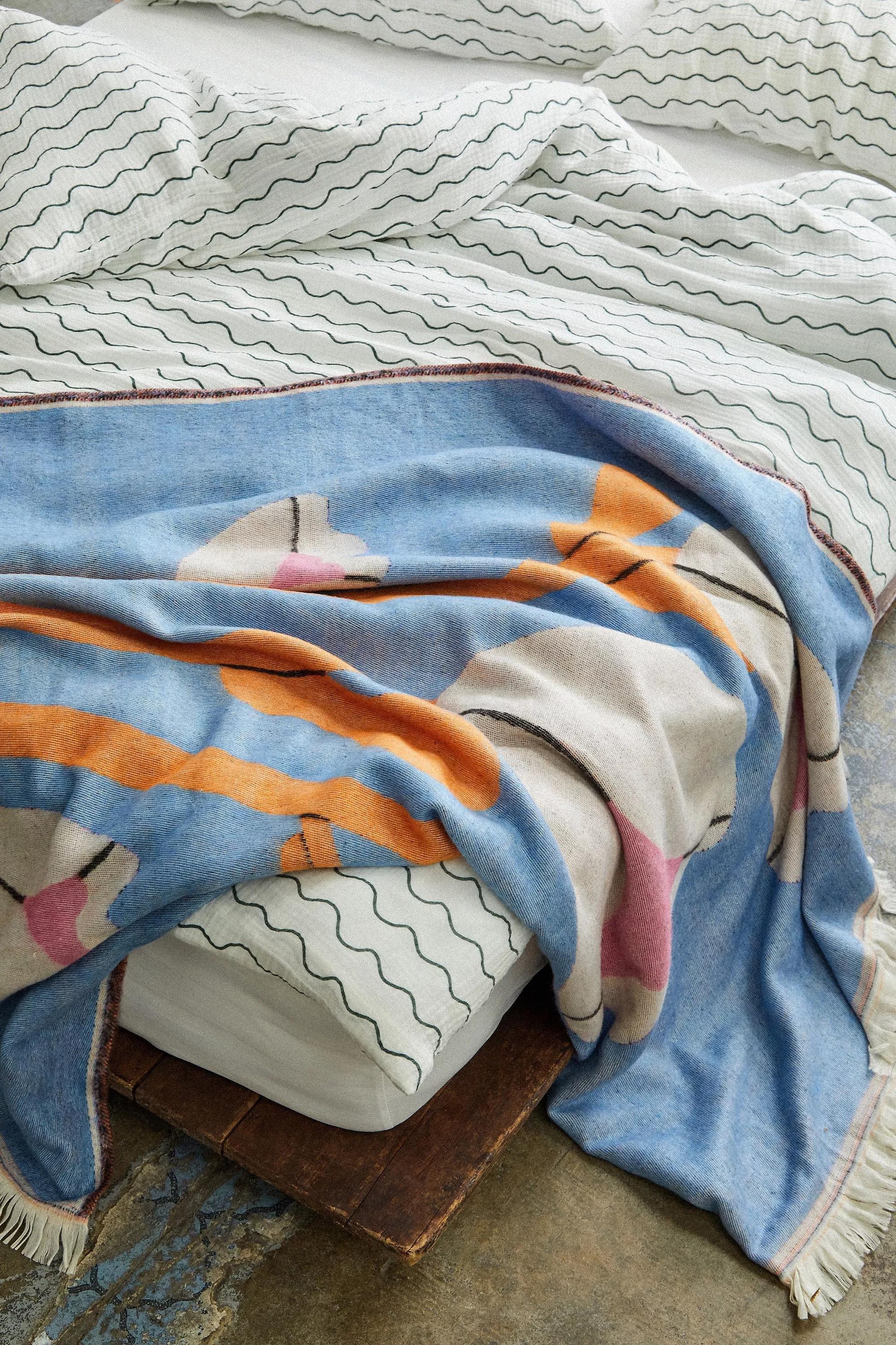 Blue Abstract Floral Throw Blanket, BLUE, large image number 0