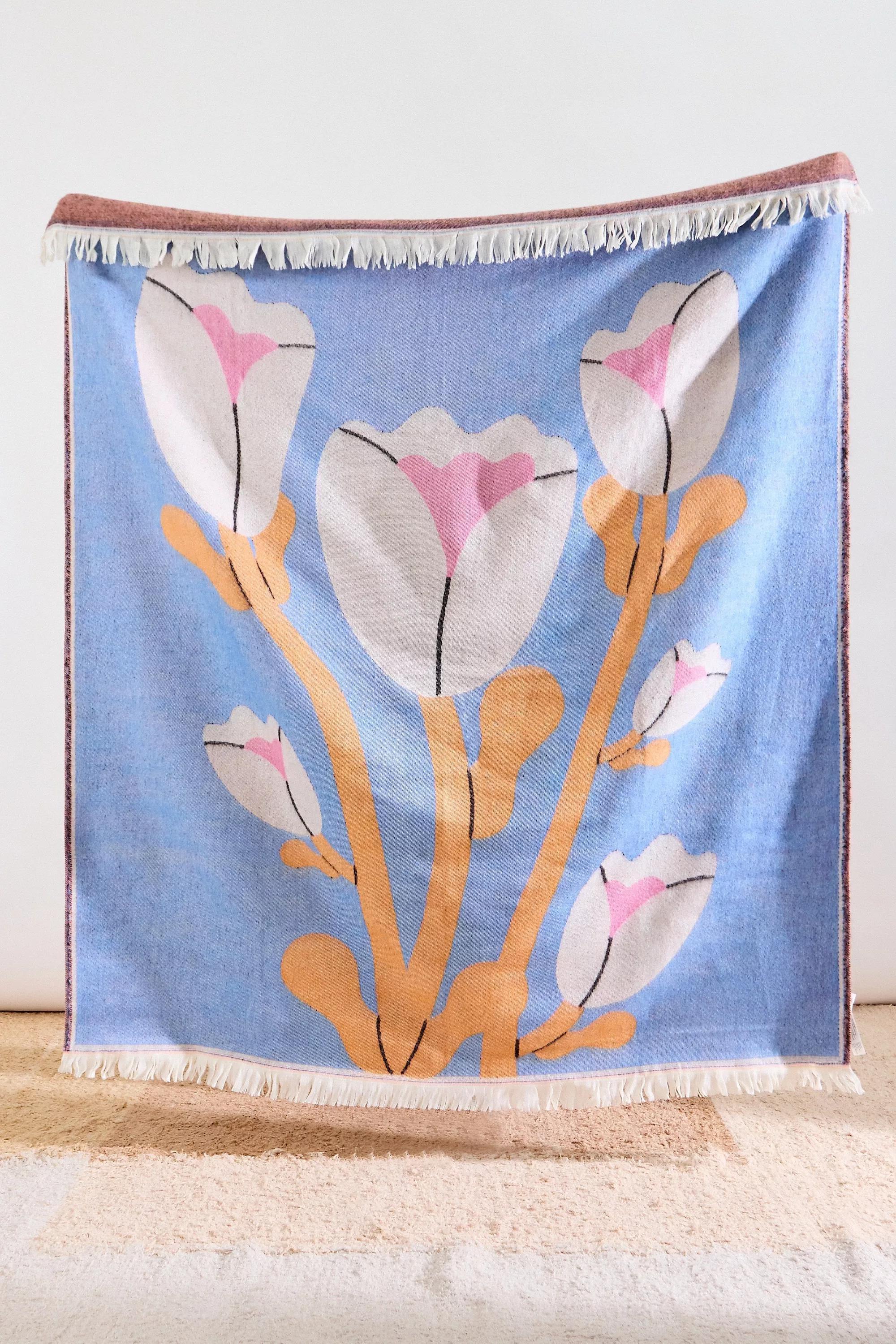 Blue Abstract Floral Throw Blanket, BLUE, large image number 2