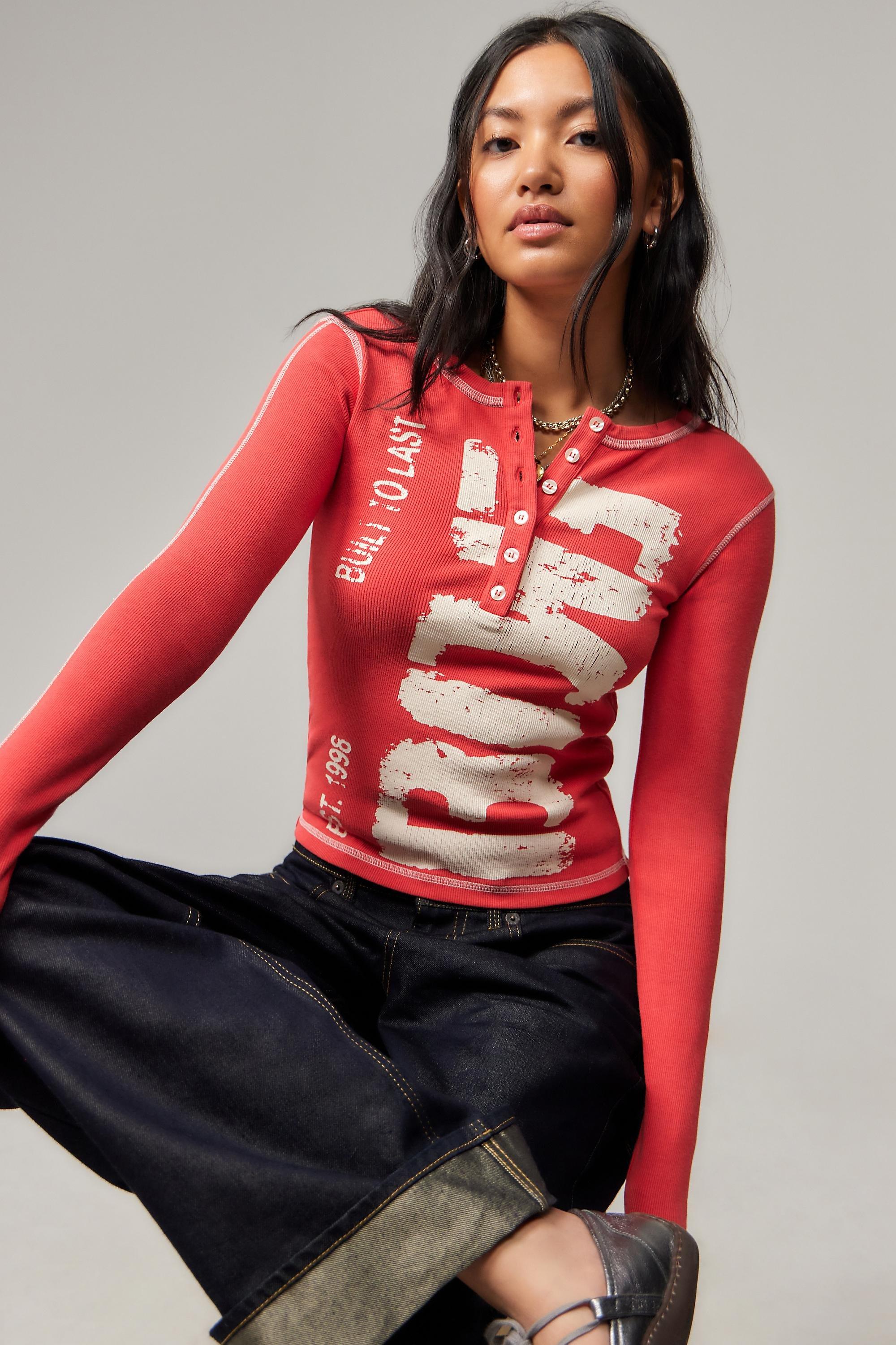 Red Bdg Print Henley Top, , large image number 0