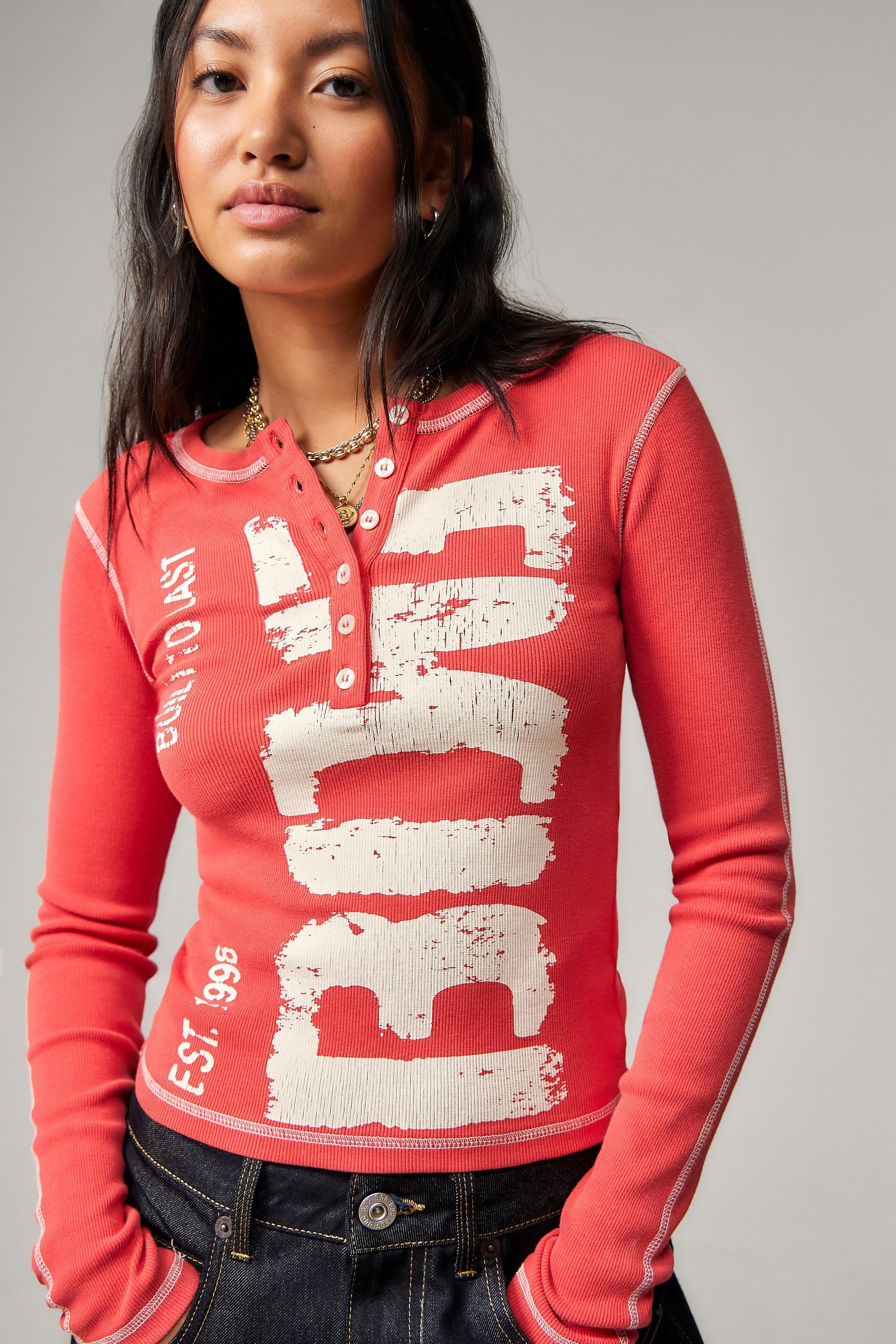Red Bdg Print Henley Top, , large image number 1