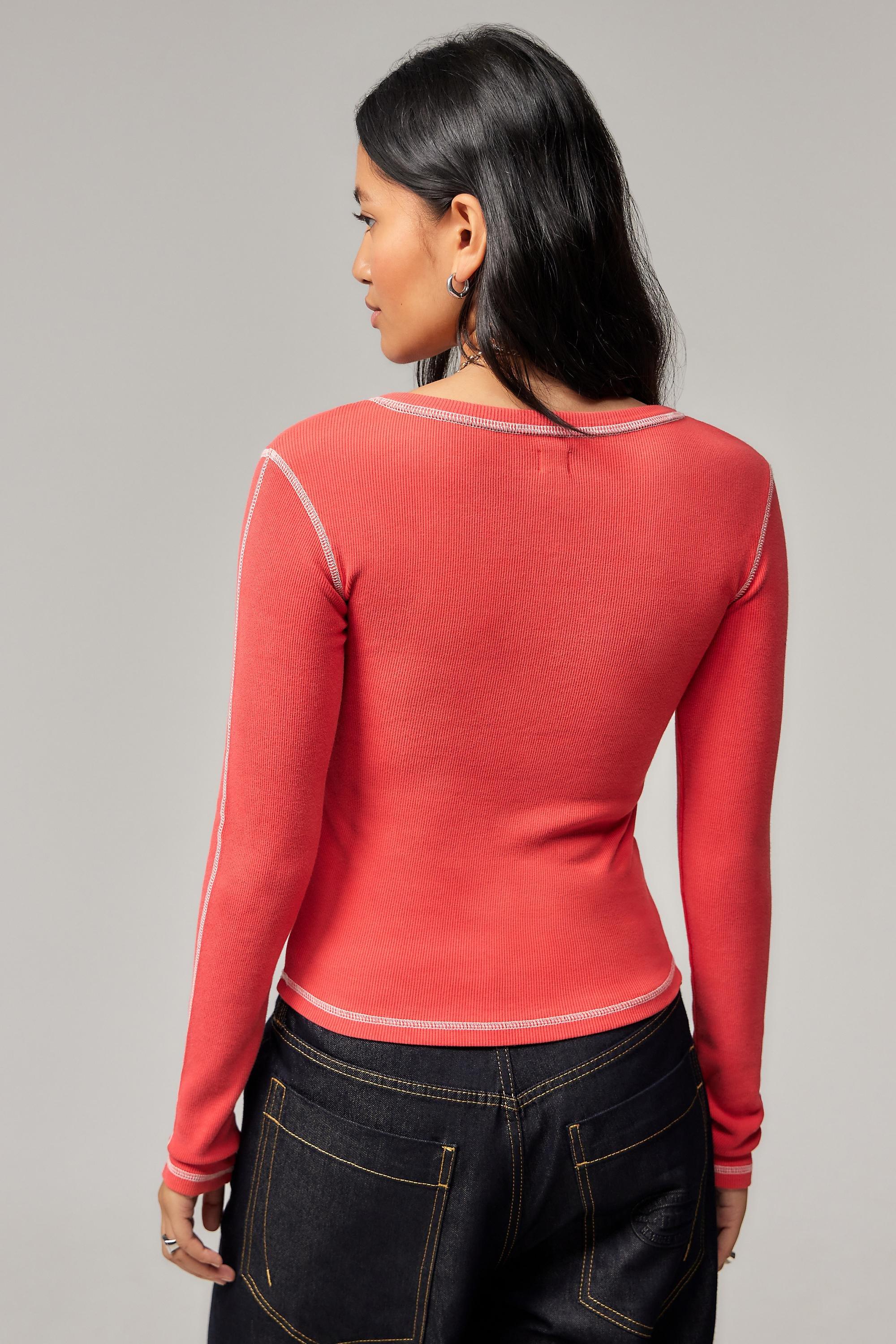 Red Bdg Print Henley Top, , large image number 3