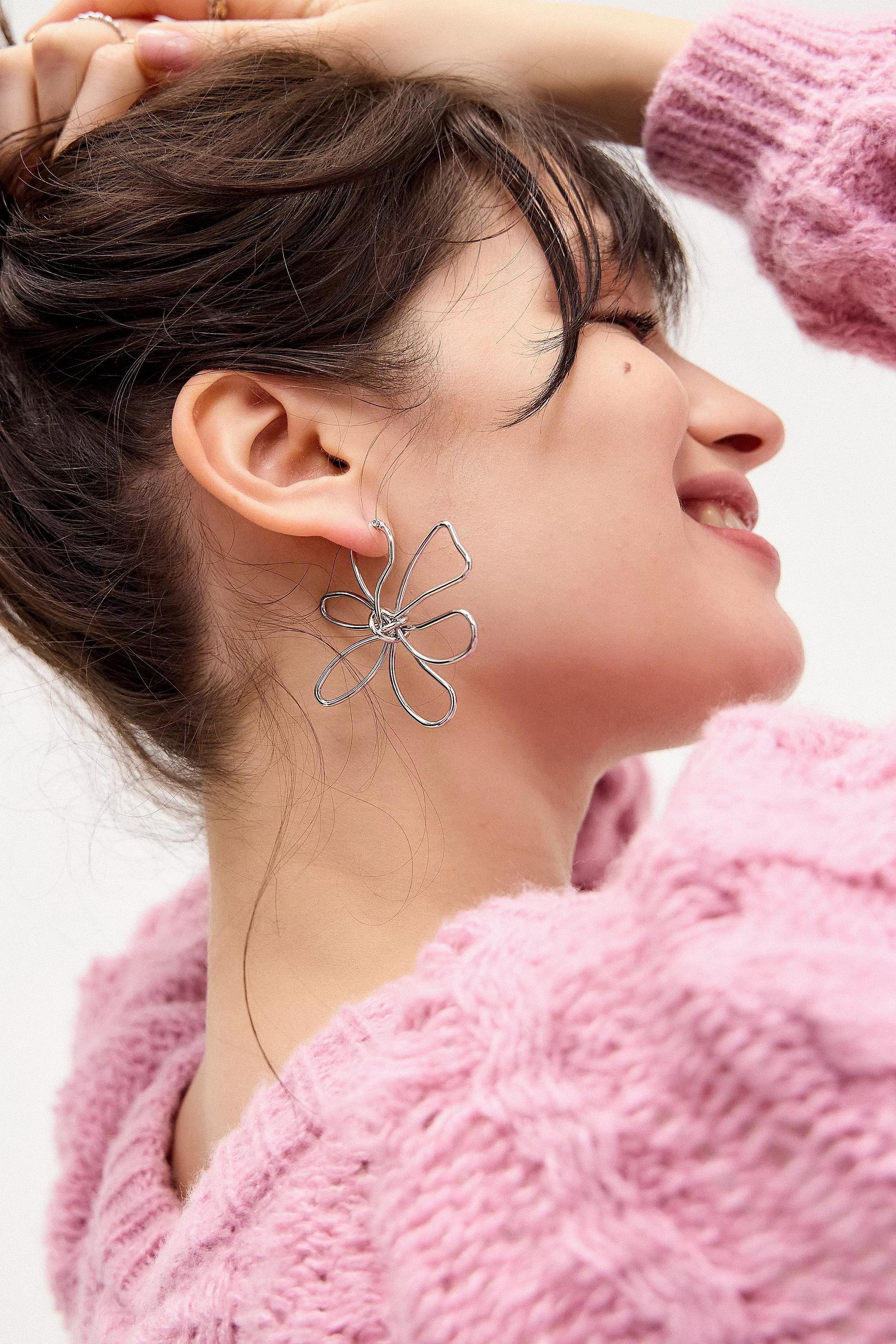Silver Silence + Noise Metal Petal Flower Earrings, SLVR, large image number 0