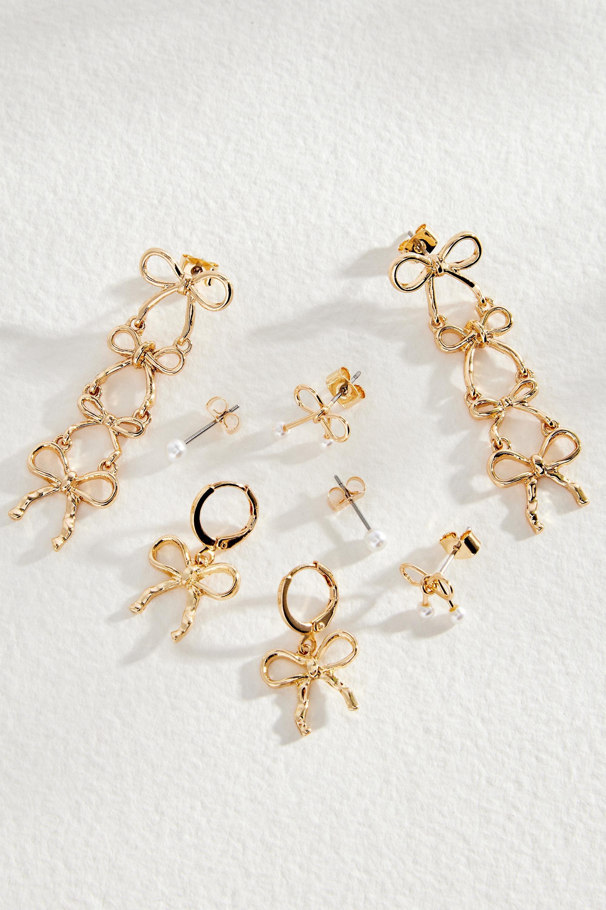 UO Bow Drop Earrings 4-Pack, GOLD, large image number 0