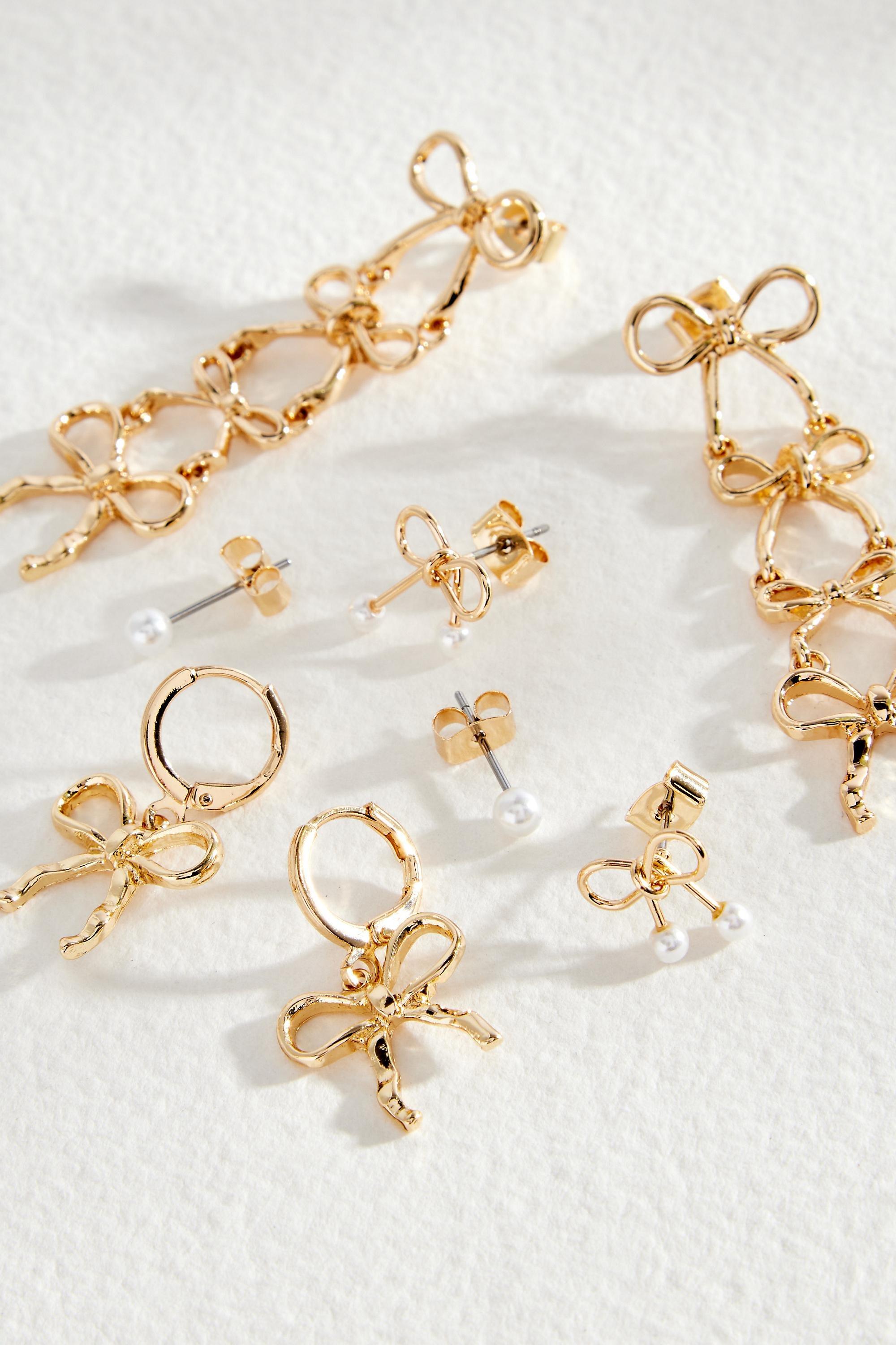 UO Bow Drop Earrings 4-Pack, GOLD, large image number 1