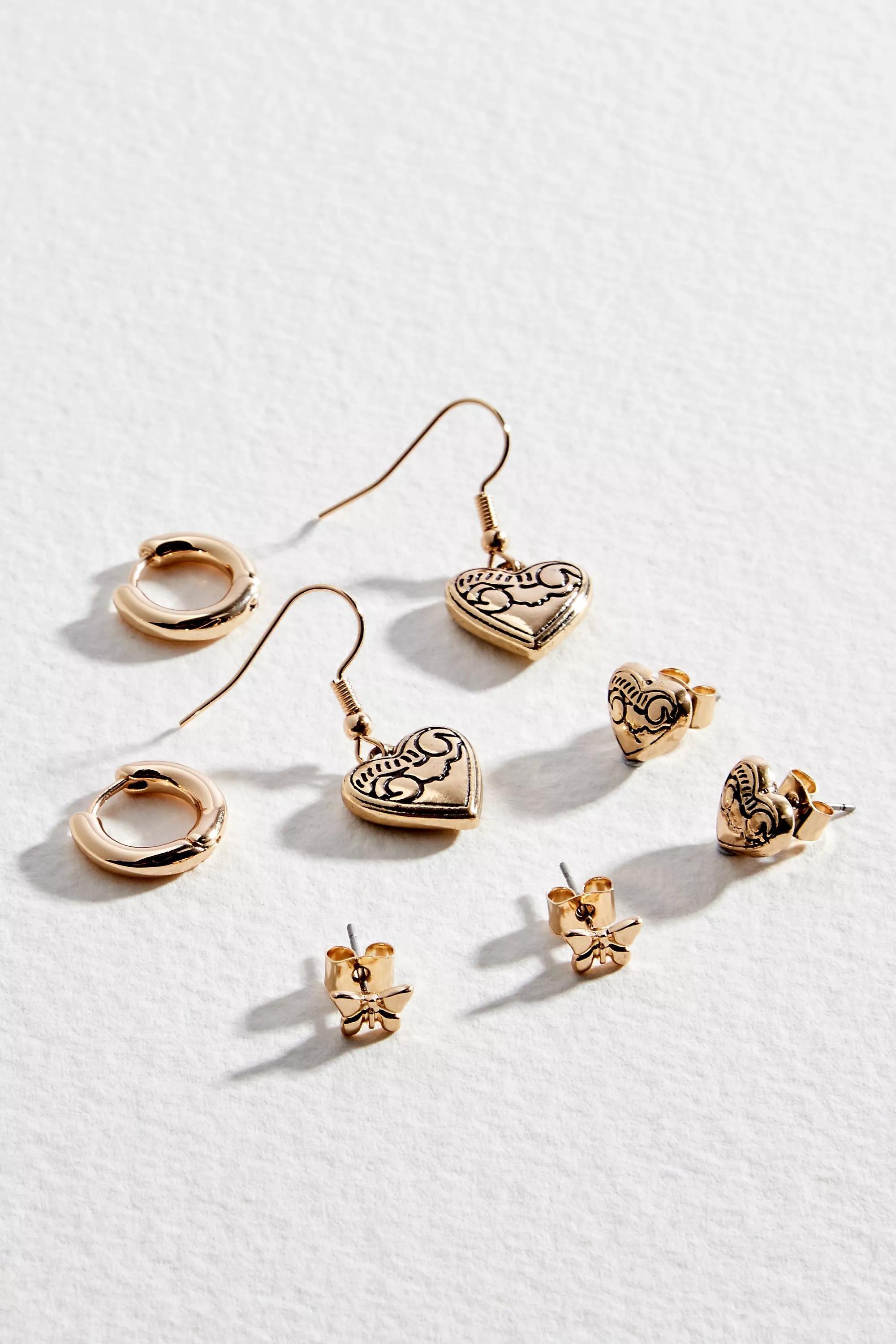 UO Etched Heart Earrings 4-Pack, GOLD, large image number 0