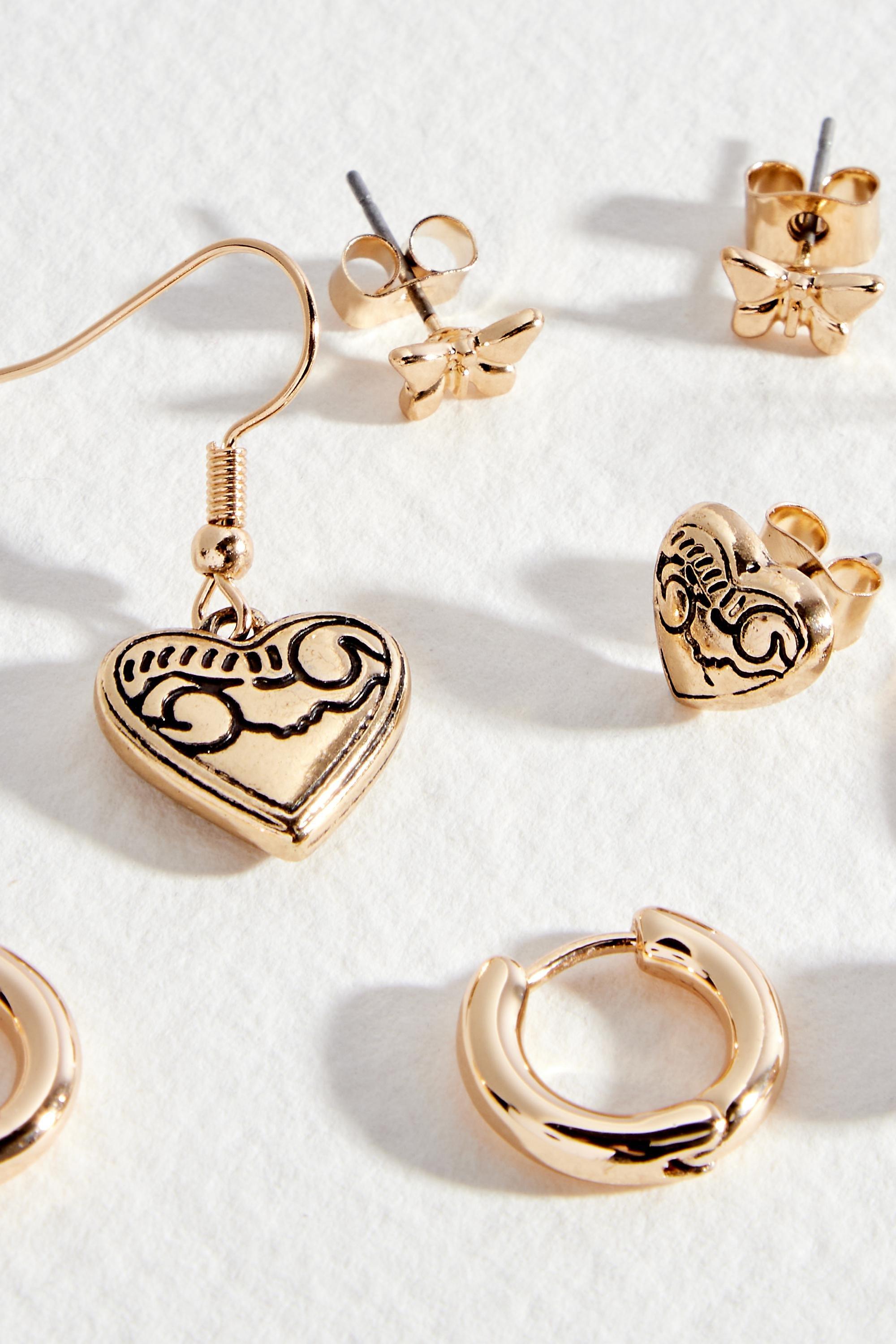 UO Etched Heart Earrings 4-Pack, GOLD, large image number 1