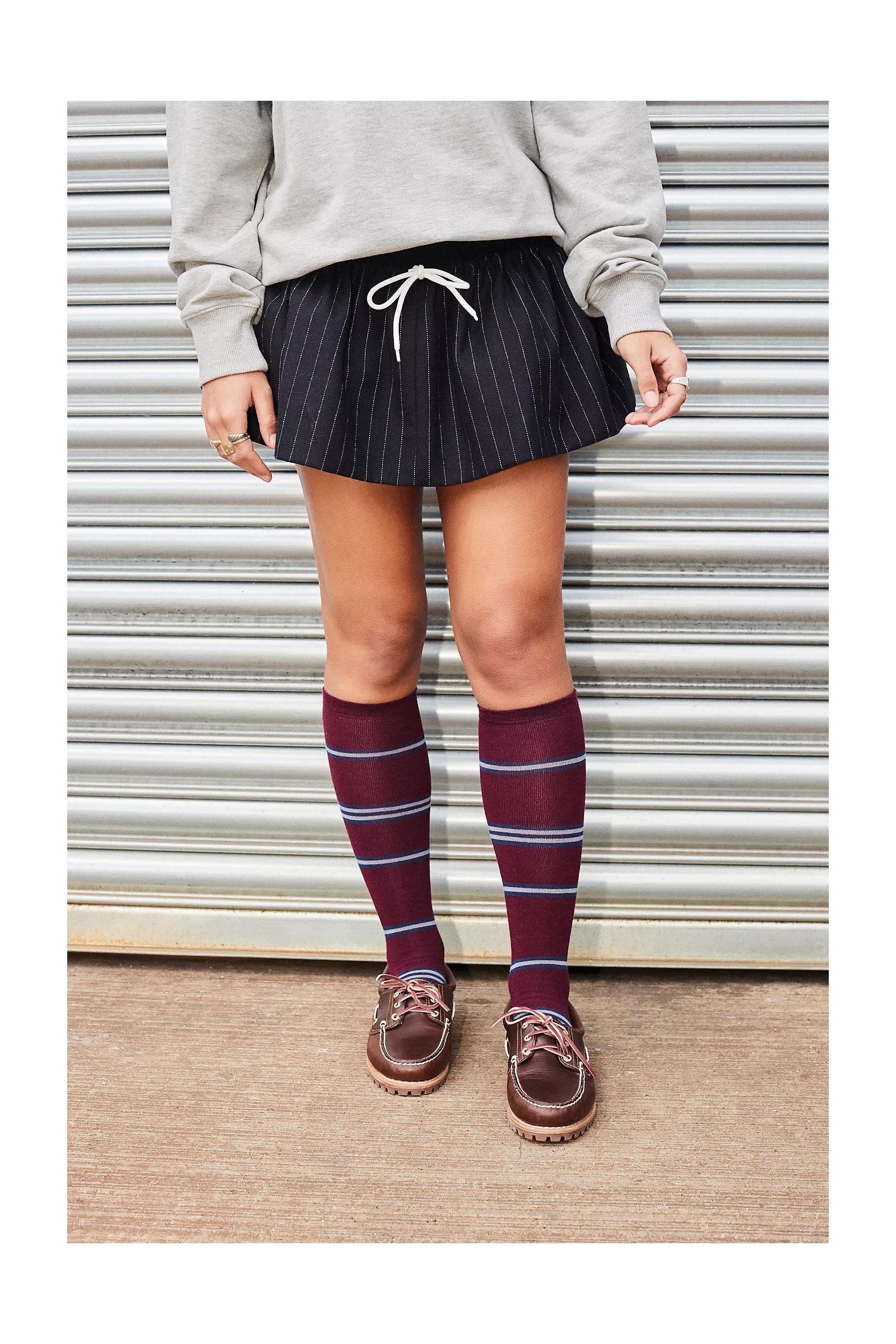 Red Out From Under Stripe Knee High Socks, DK RED, large image number 0