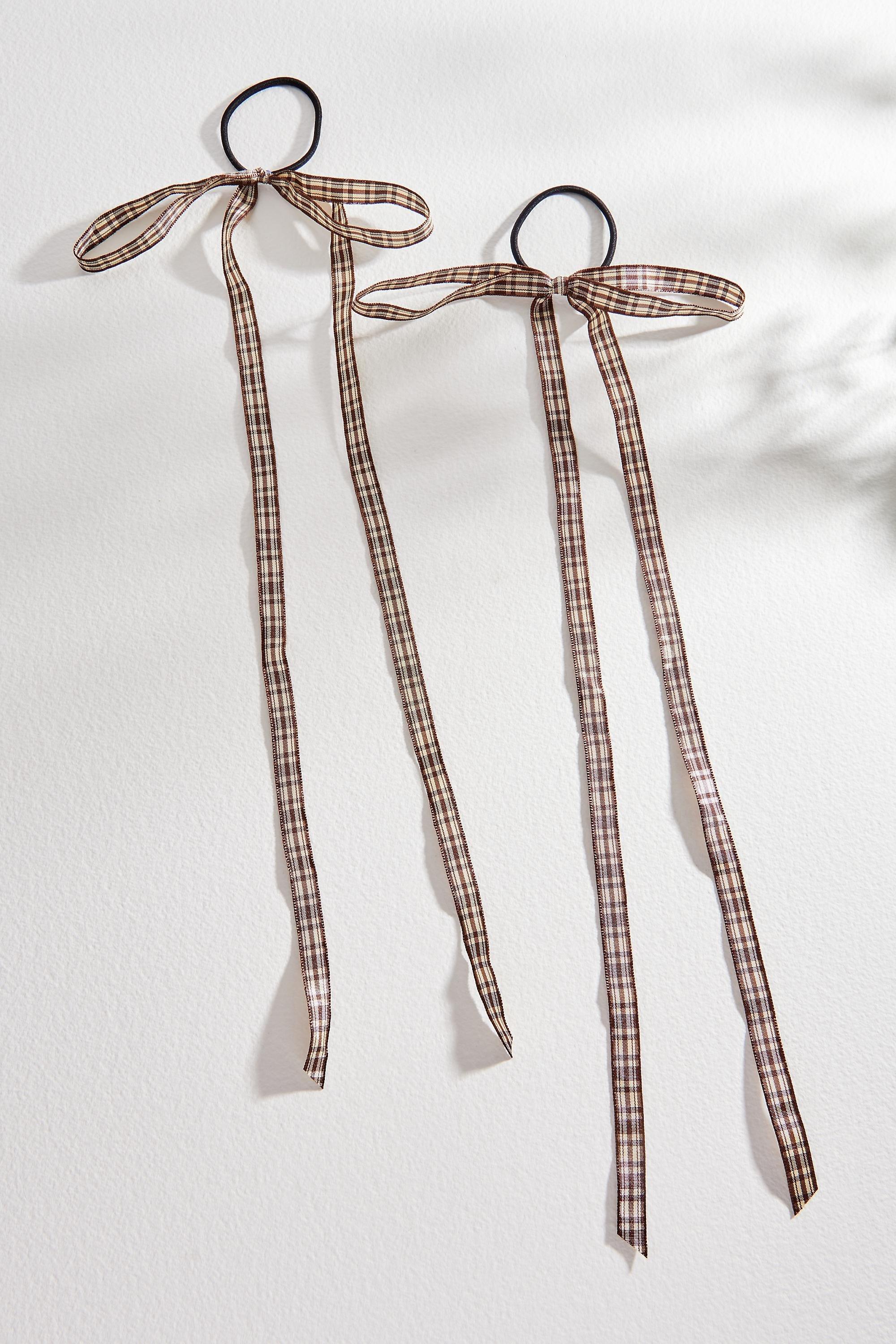 Brown Check Bow Hair Ties, Set Of 2, BRN, large image number 1