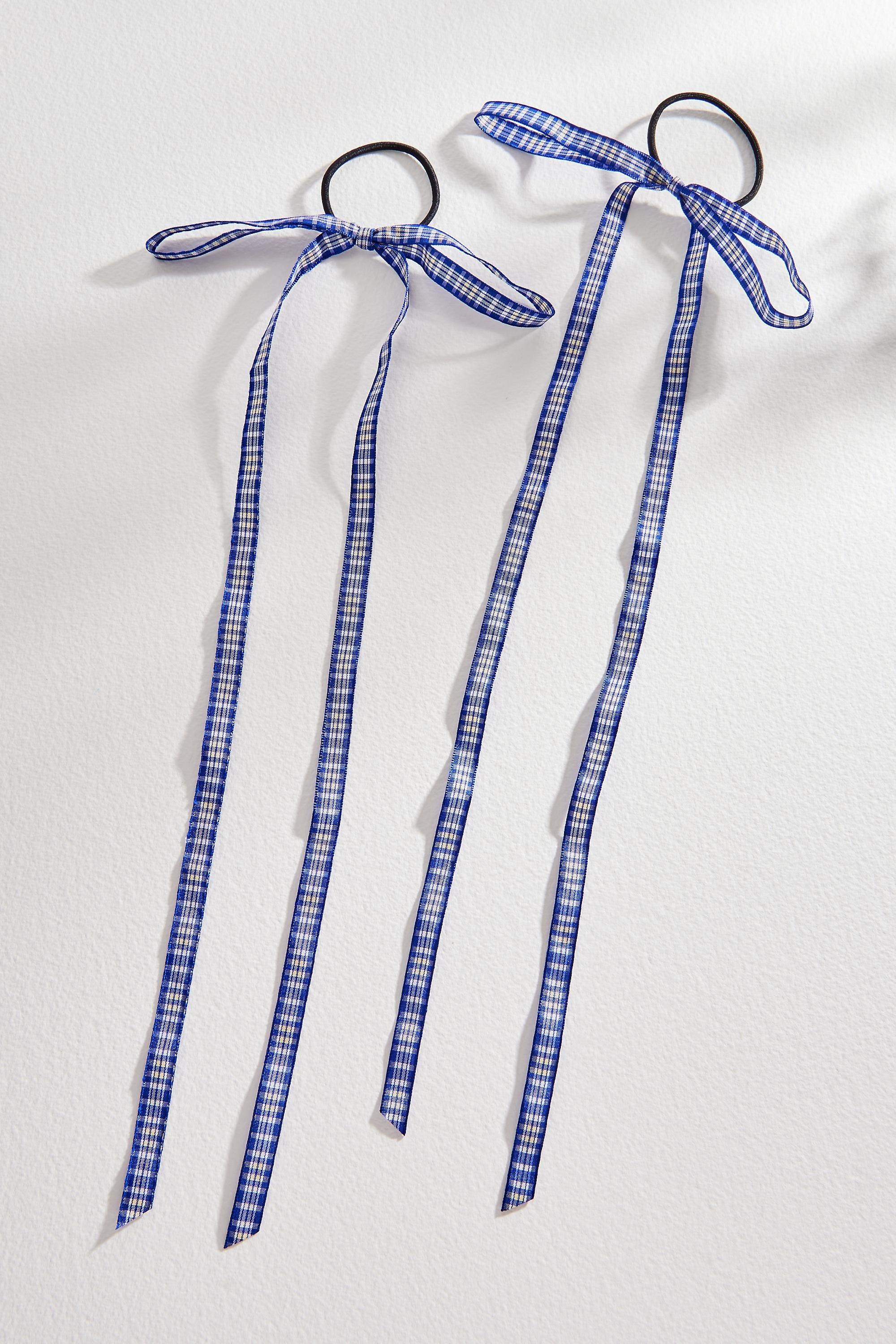 Blue Checked Bow Hair Ties, Set Of 2, BLUE, large image number 1