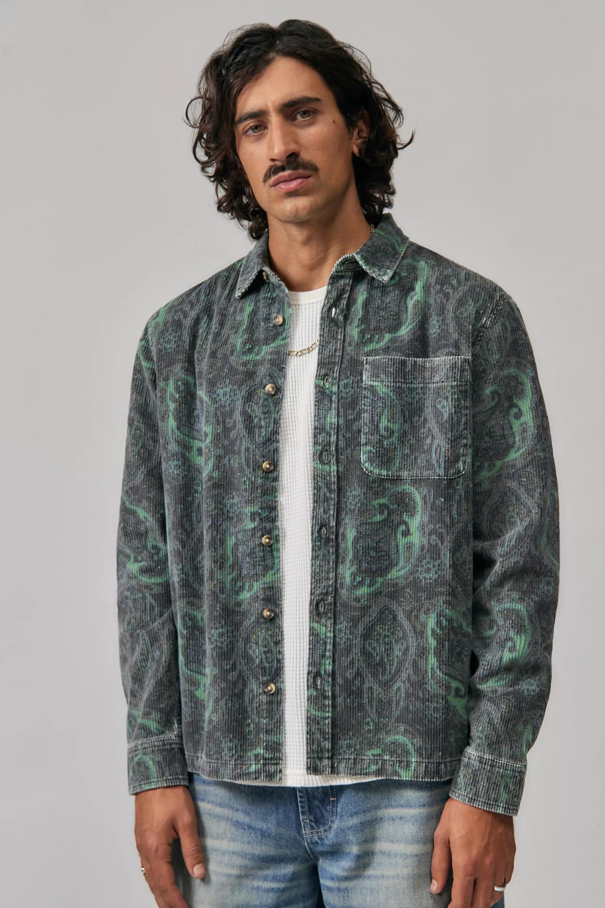 BOTANICAL MOTIF BDG Green Paisley Corduroy Long Sleeve Shirt, BOTANICAL MOTIF, large image number 0