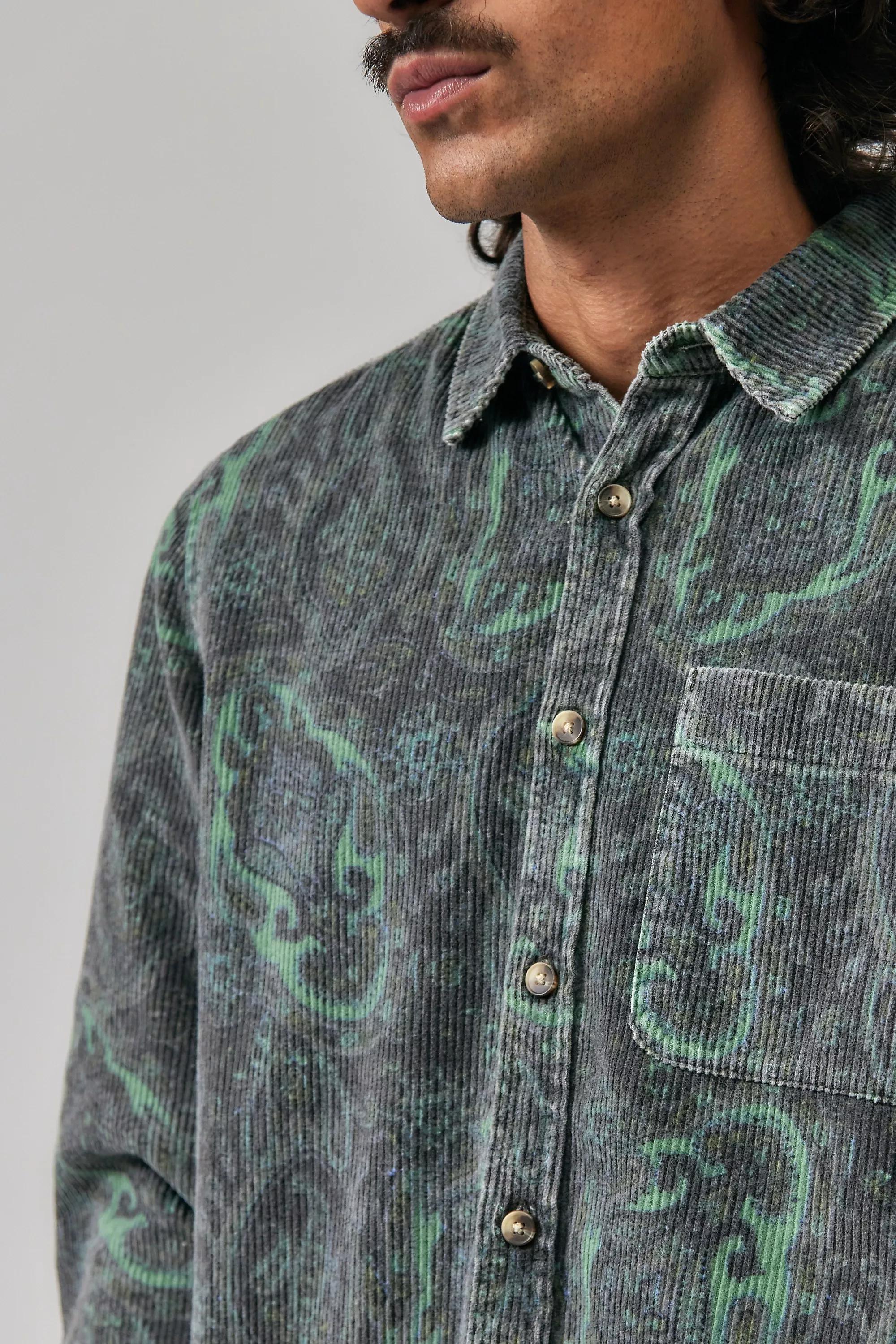 BOTANICAL MOTIF BDG Green Paisley Corduroy Long Sleeve Shirt, BOTANICAL MOTIF, large image number 1