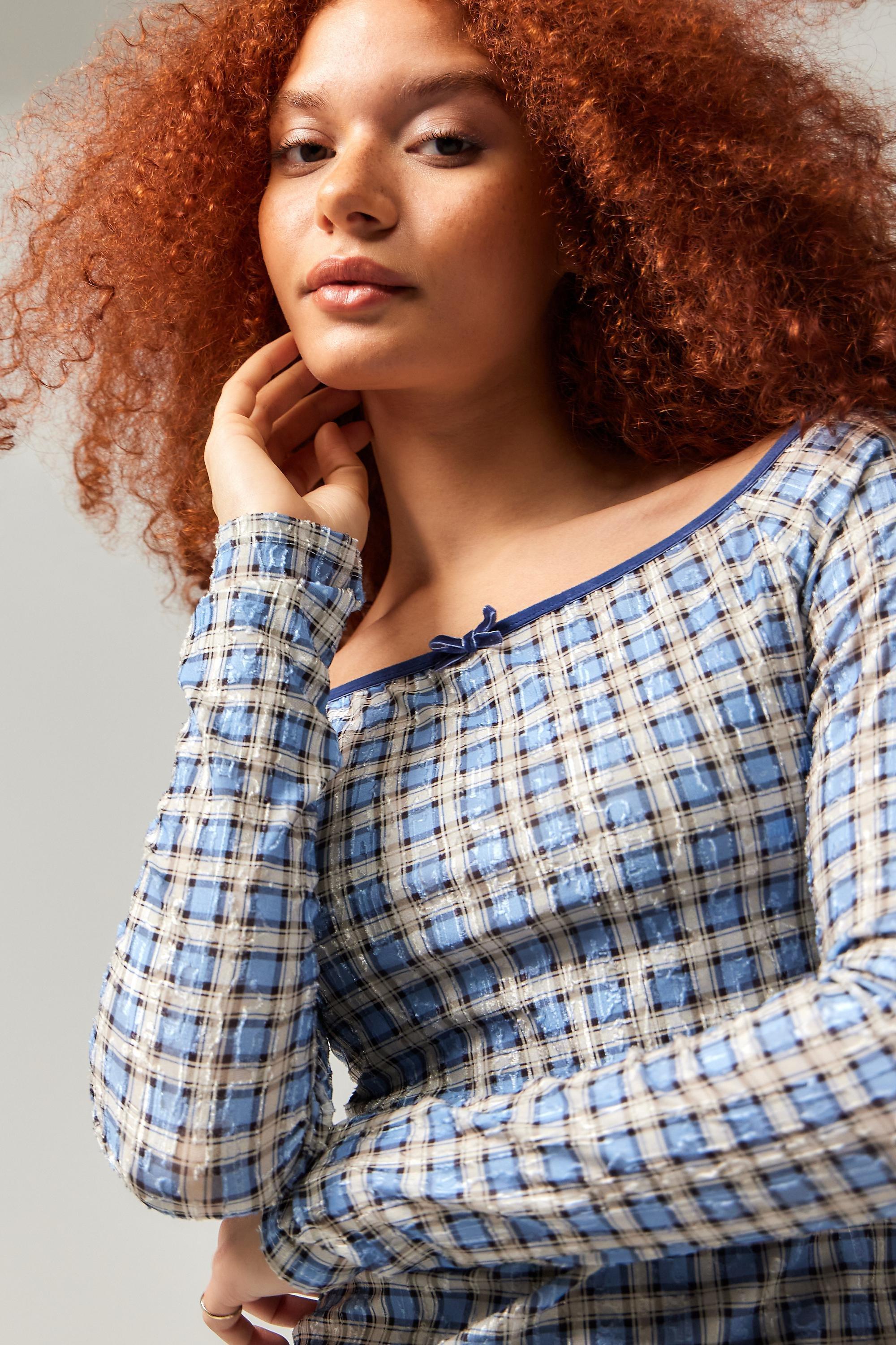 Blue Archive At Uo Nicole Check Off-The-Shoulder Top, , large image number 1