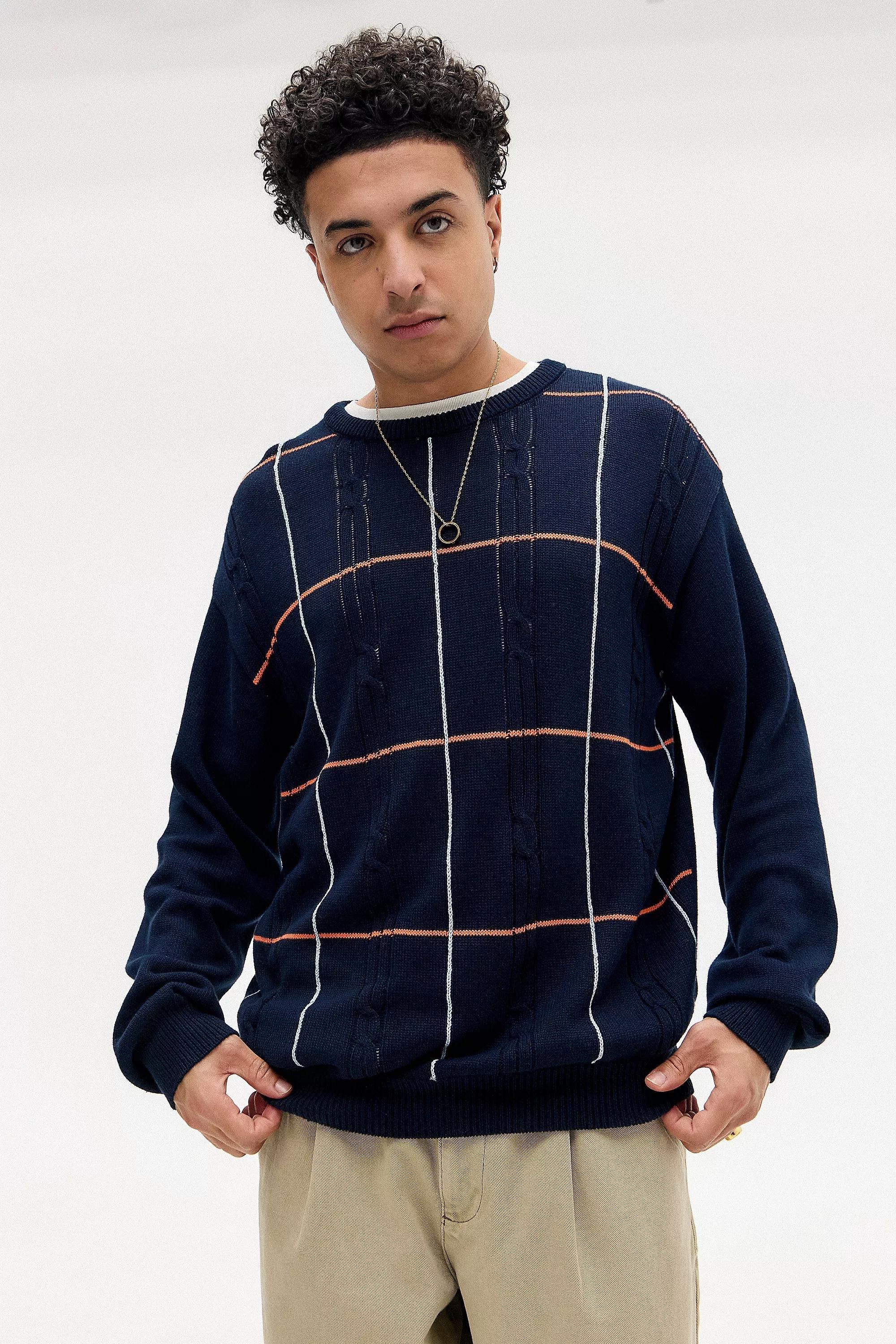 Navy Bdg Check Cable Knit Jumper, NAVY, medium