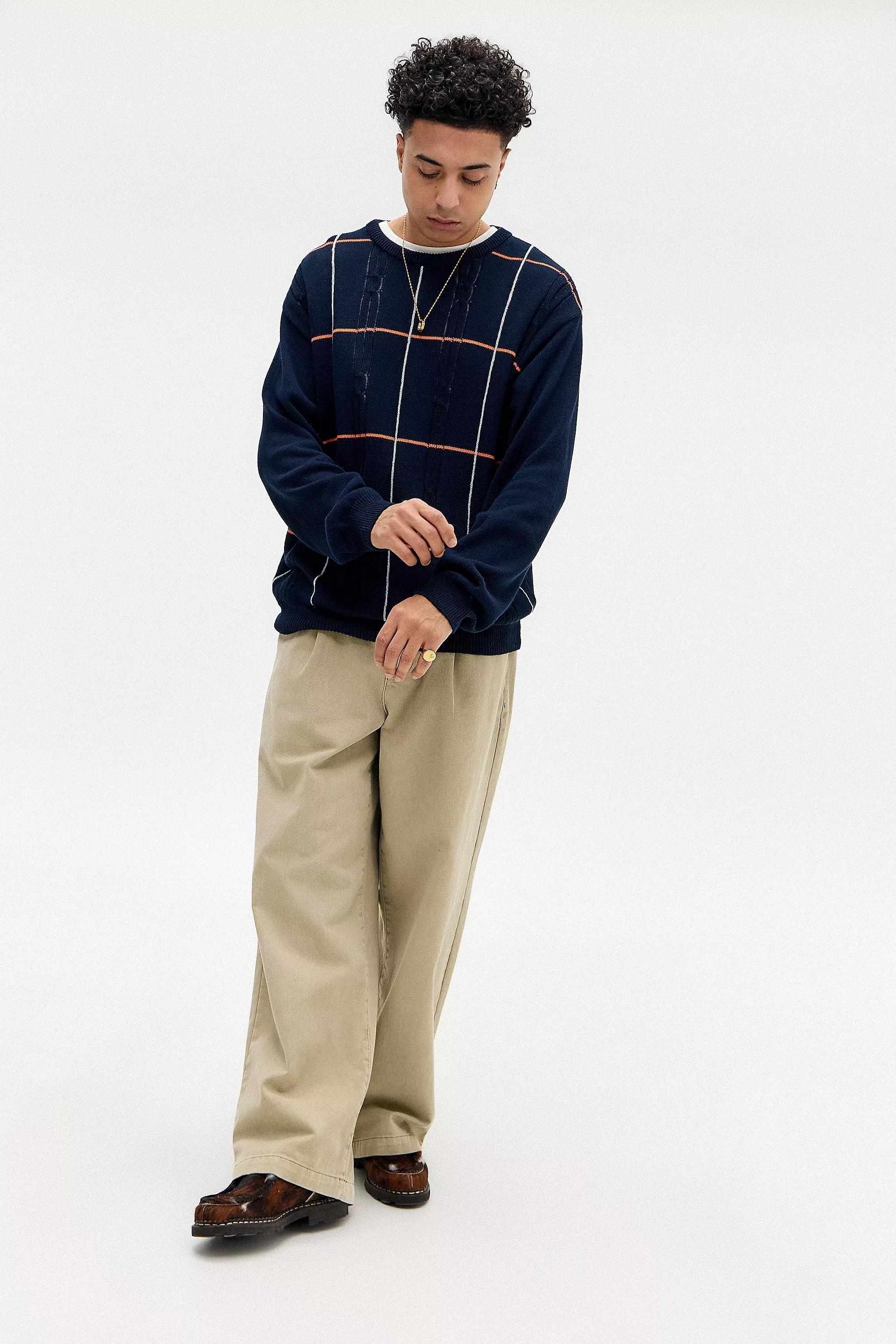 Navy Bdg Check Cable Knit Jumper, NAVY, medium