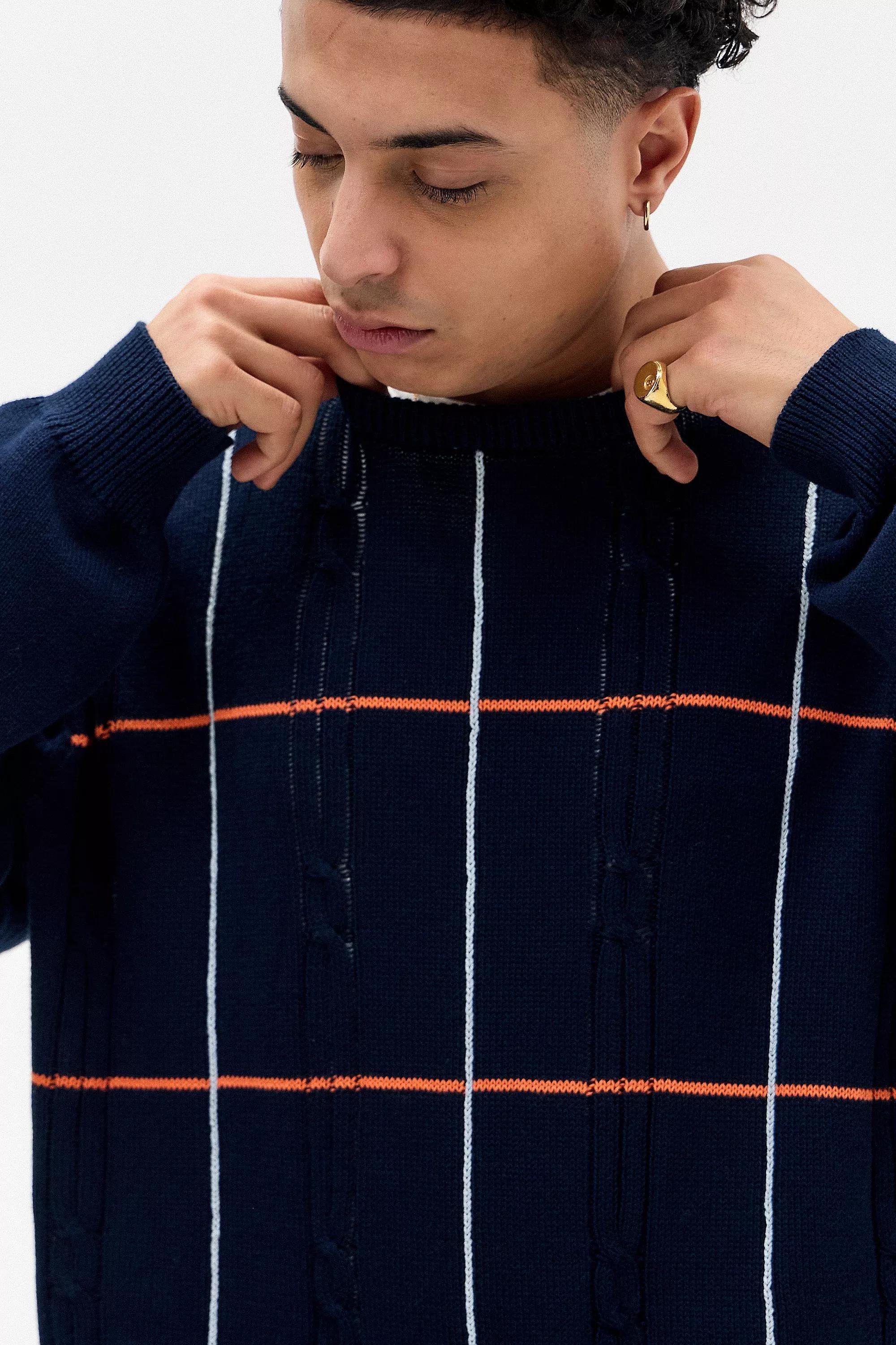 Navy Bdg Check Cable Knit Jumper, NAVY, medium