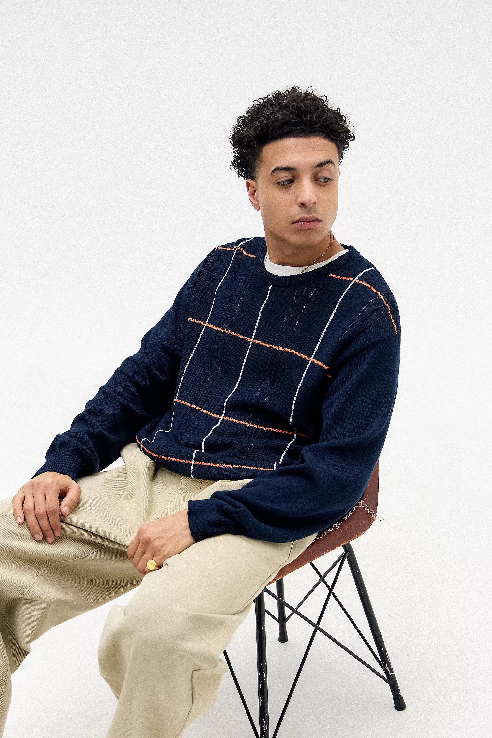 Navy Bdg Check Cable Knit Jumper, , large image number 4