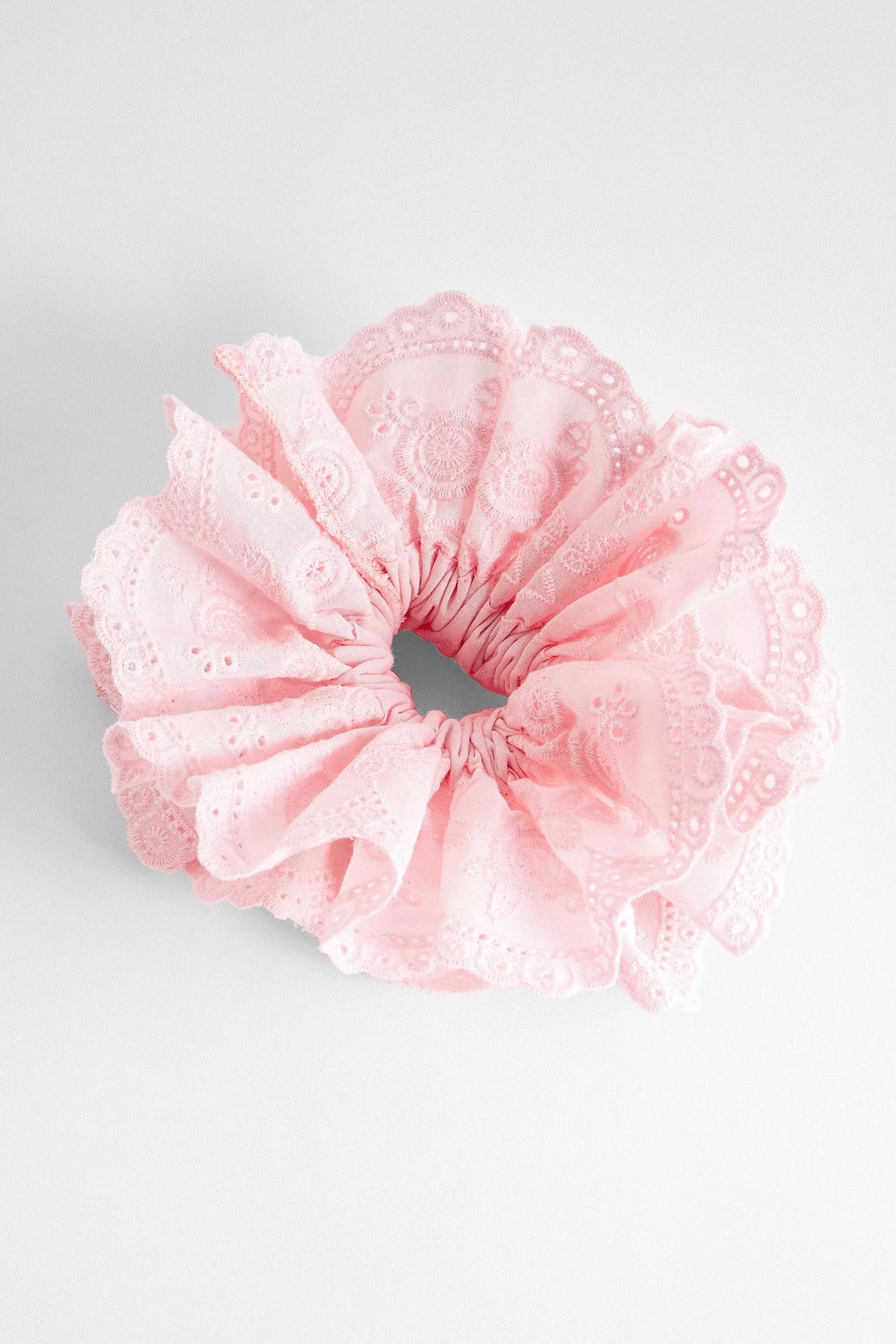 Pink Cotton Lace Scrunchie, PINK, large image number 1