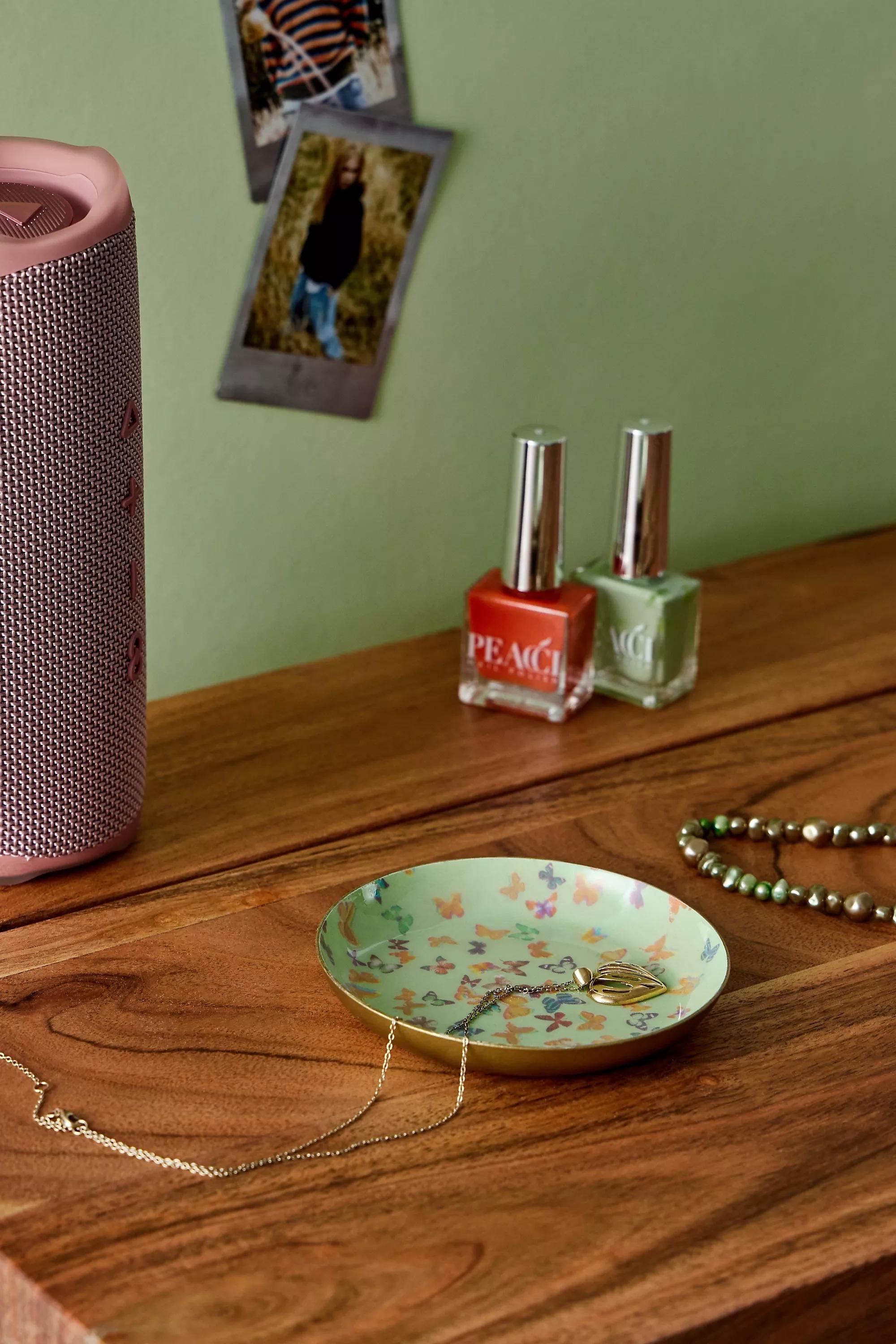 Green Butterflies Round Trinket Tray, GRN, large image number 0