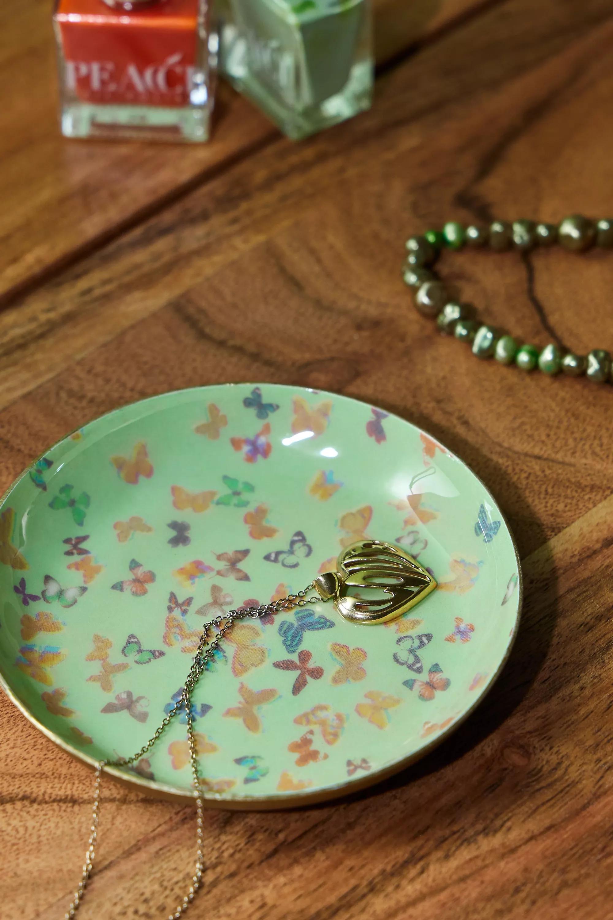 Green Butterflies Round Trinket Tray, GRN, large image number 1