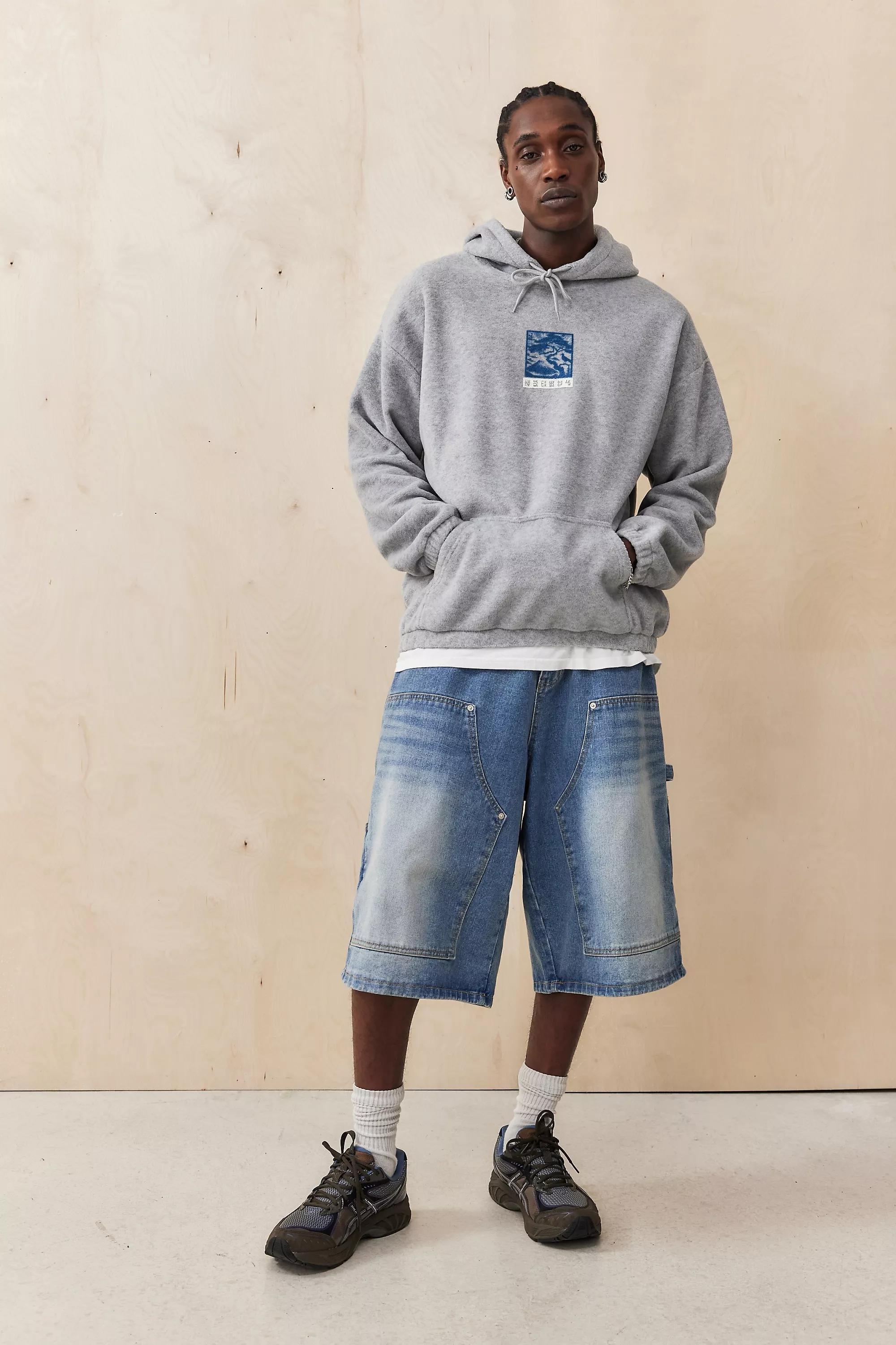 Grey Uo Japanese Landscape Fleece Hoodie, , large image number 2