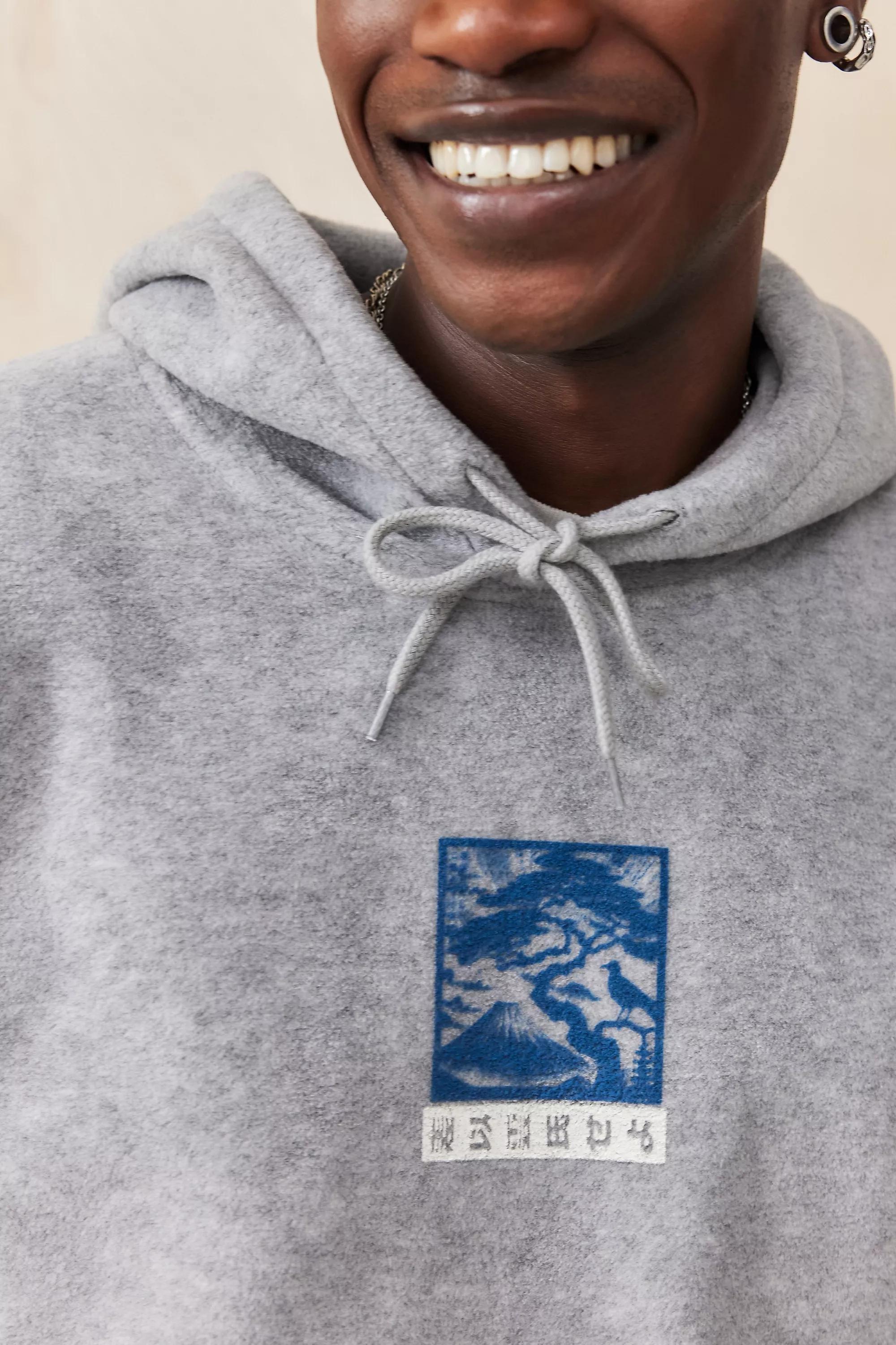 Grey Uo Japanese Landscape Fleece Hoodie, , large image number 3