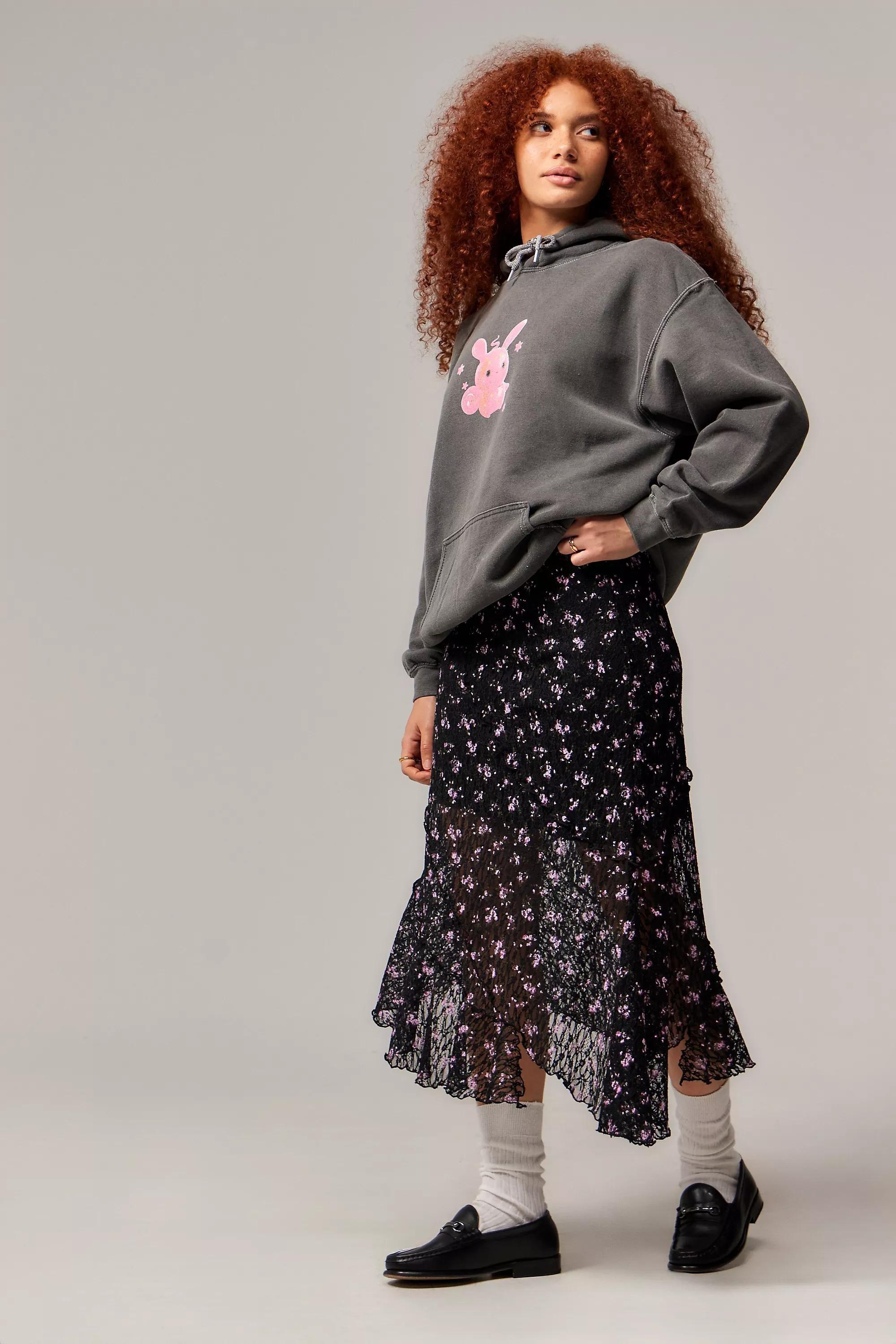 Black Motif Uo Asymmetric Lace Midi Skirt, , large image number 1