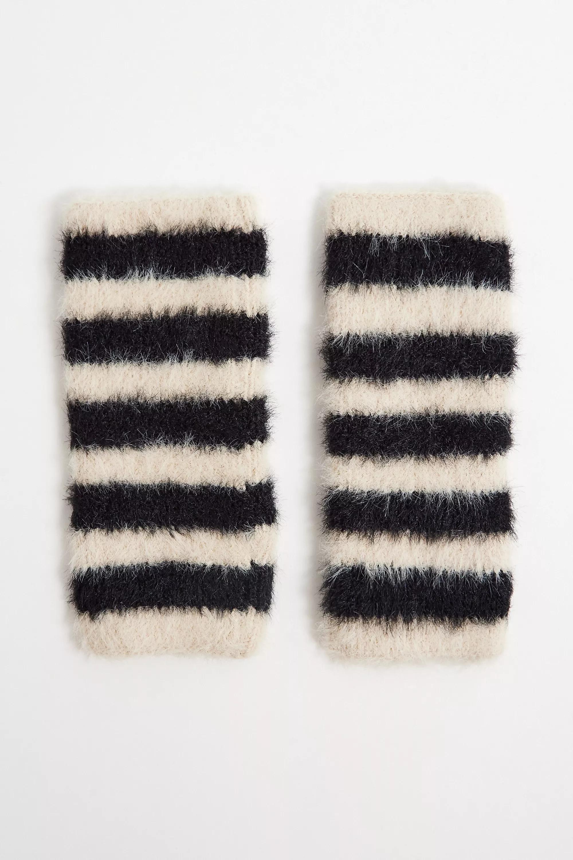 Black Uo Fluffy Striped Fingerless Gloves, BLK, large image number 1