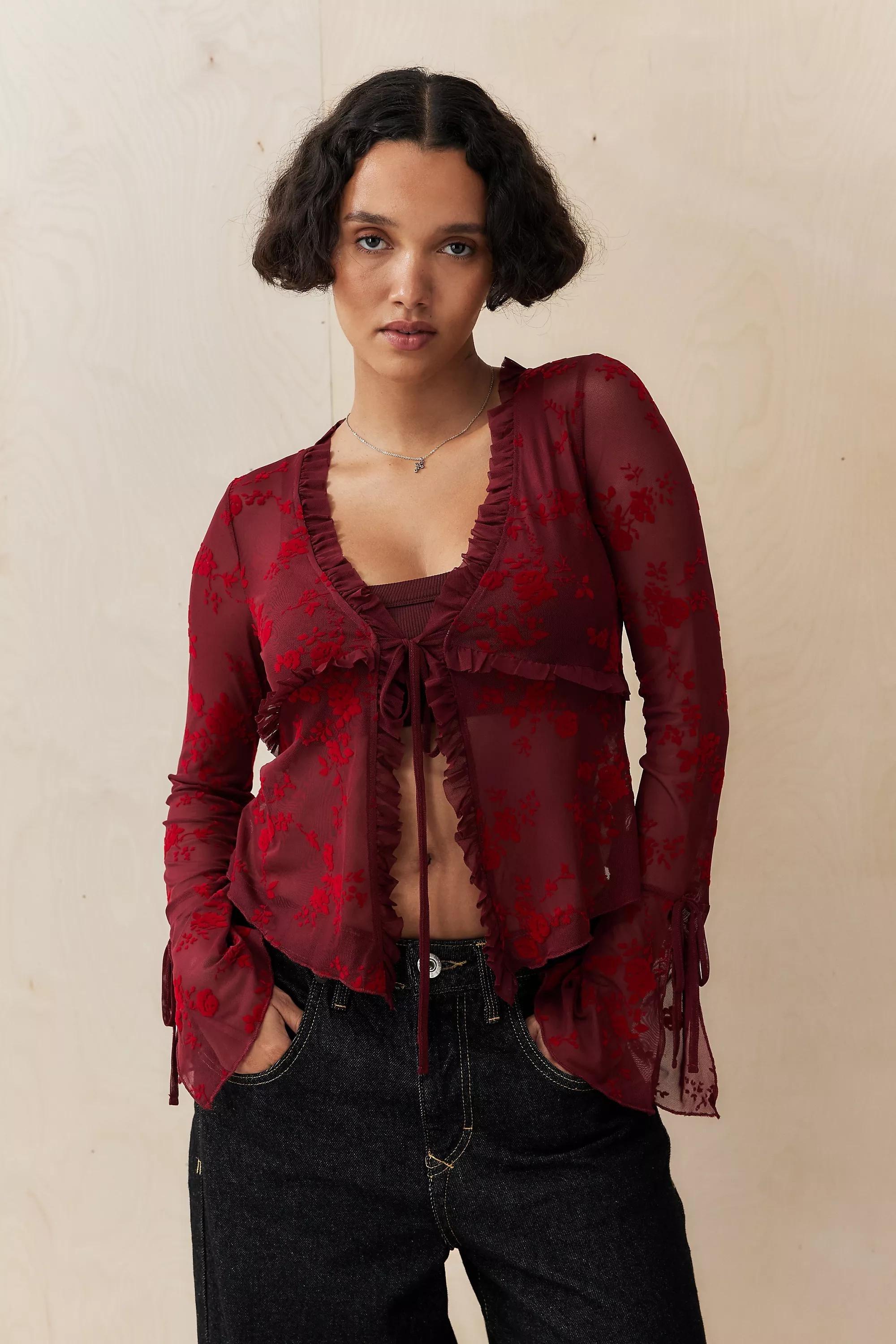 Red Silence + Noise Tilly Flock Tie-Top Cardigan, , large image number 0