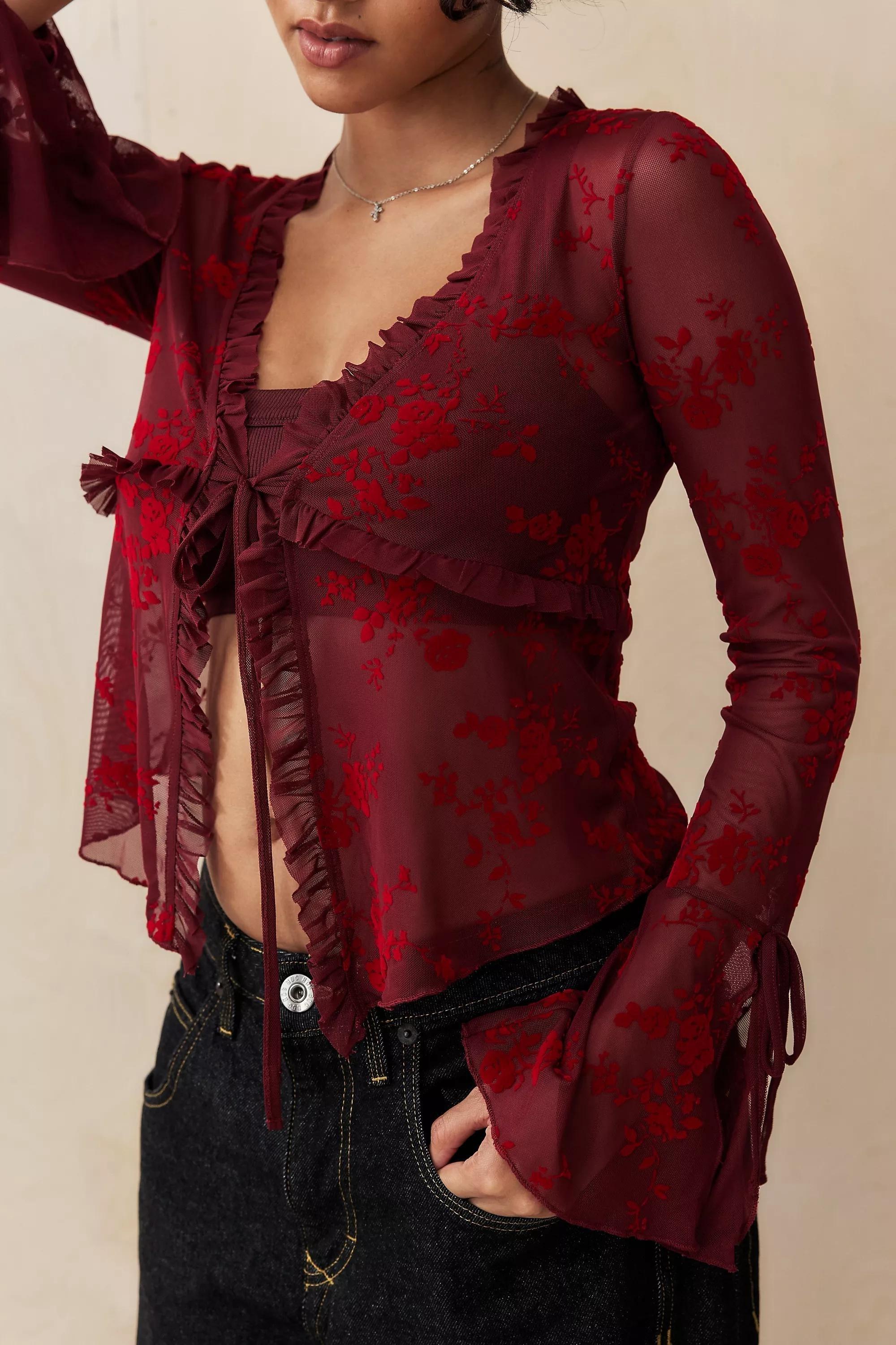 Red Silence + Noise Tilly Flock Tie-Top Cardigan, , large image number 1