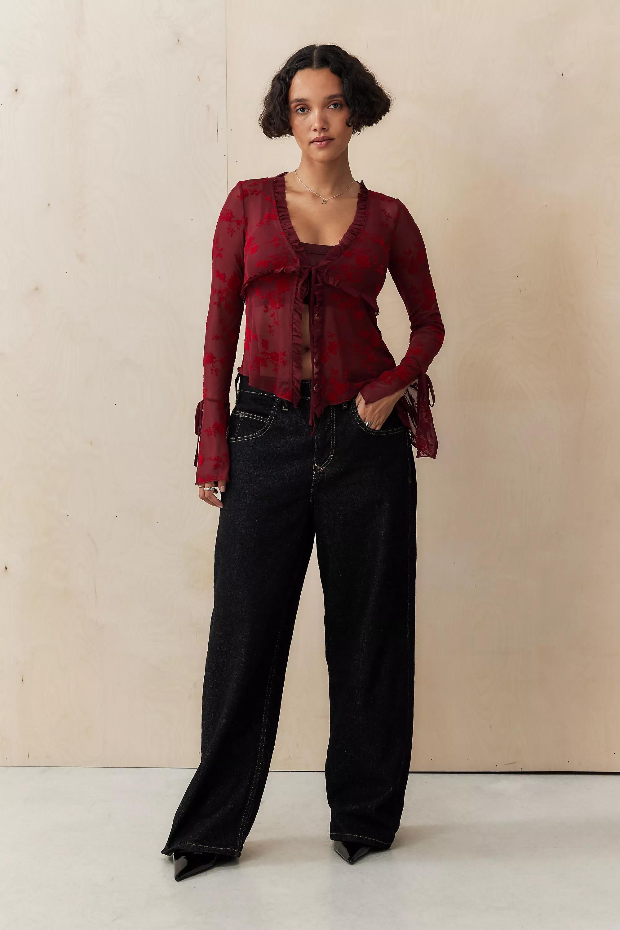 Red Silence + Noise Tilly Flock Tie-Top Cardigan, , large image number 2