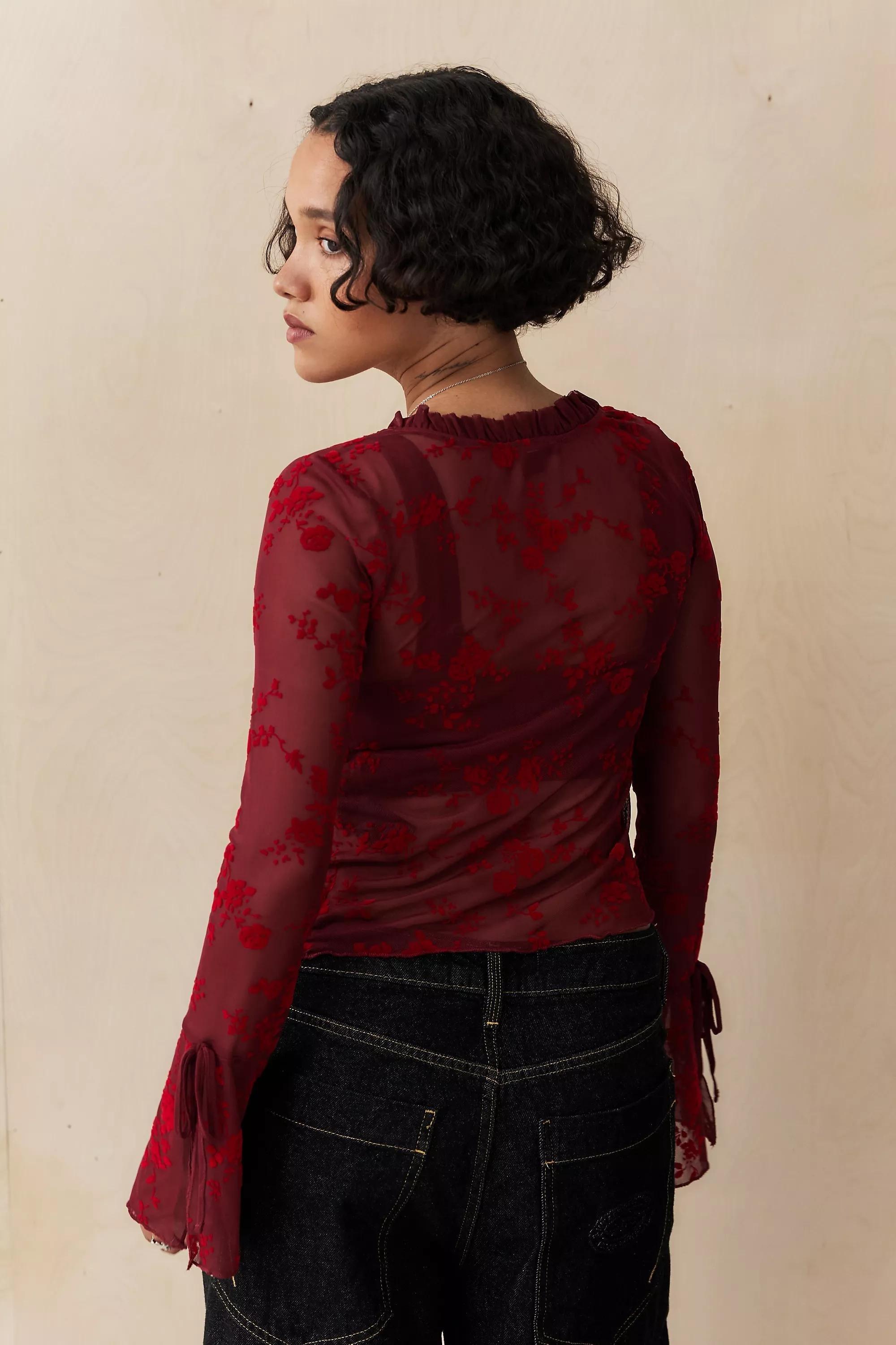 Red Silence + Noise Tilly Flock Tie-Top Cardigan, , large image number 3