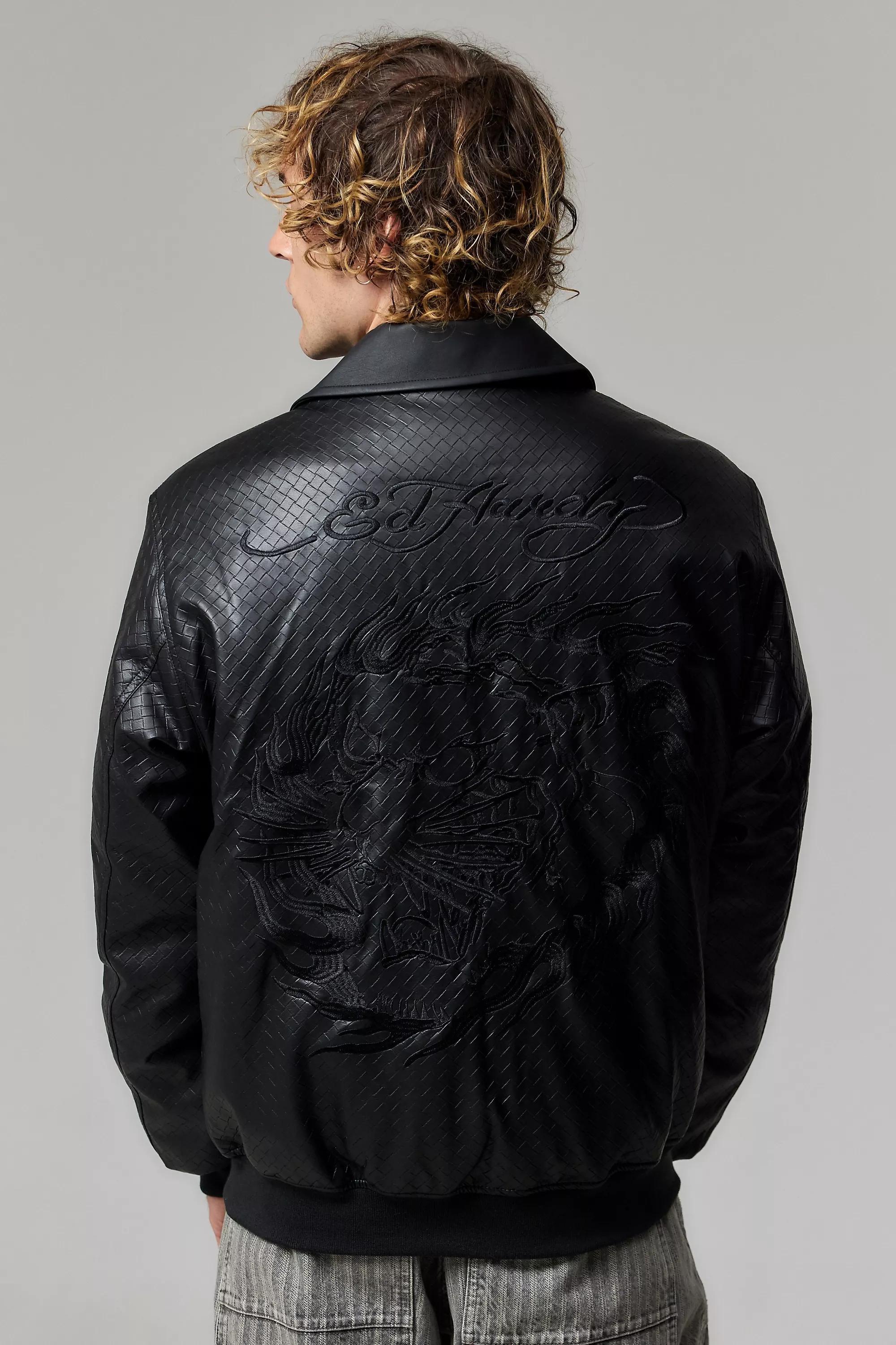 Black Ed Hardy Uo Exclusive Faux Leather Bomber Jacket, , large image number 0