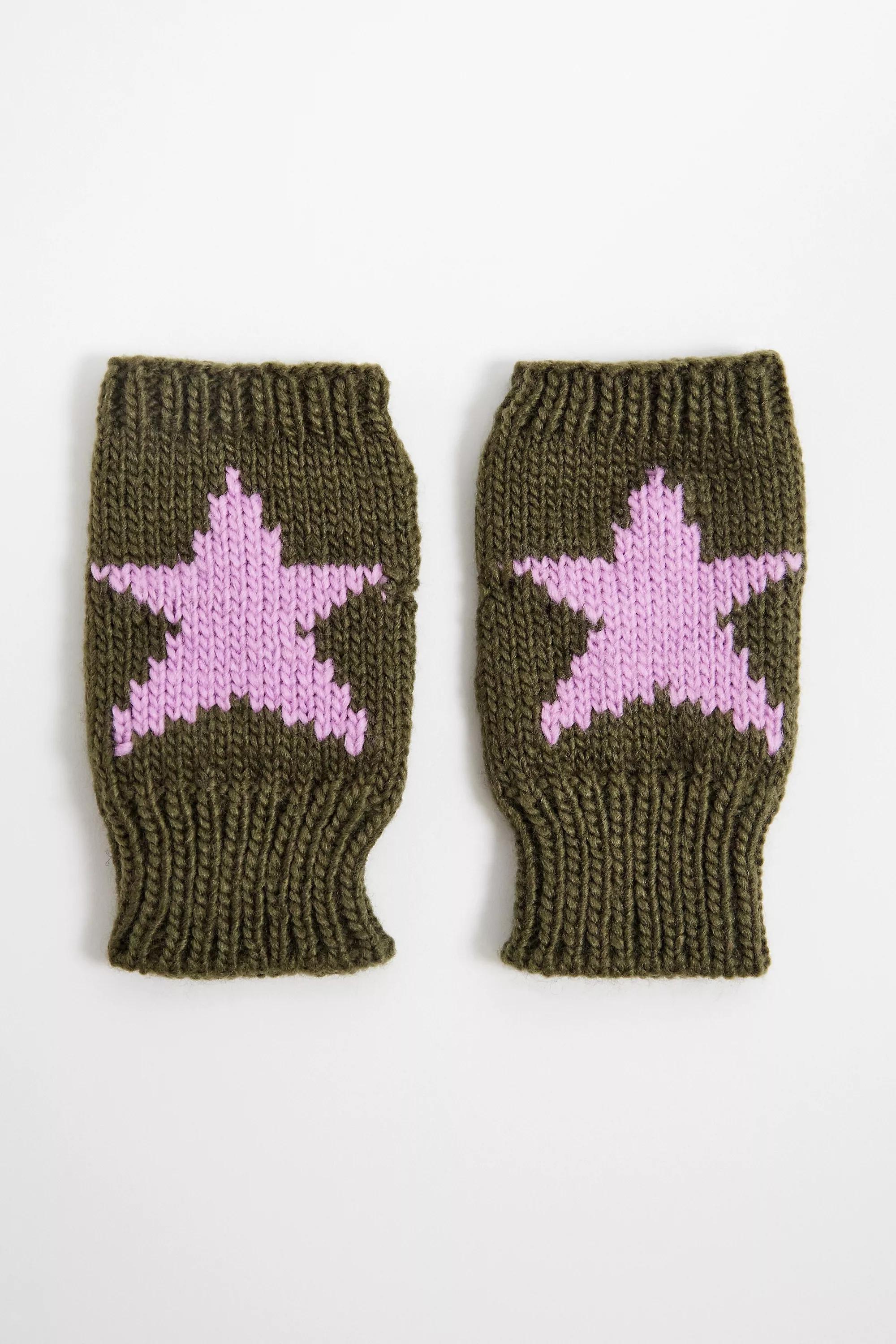 Green Uo Star Chunky Knit Fingerless Gloves, GRN, large image number 1