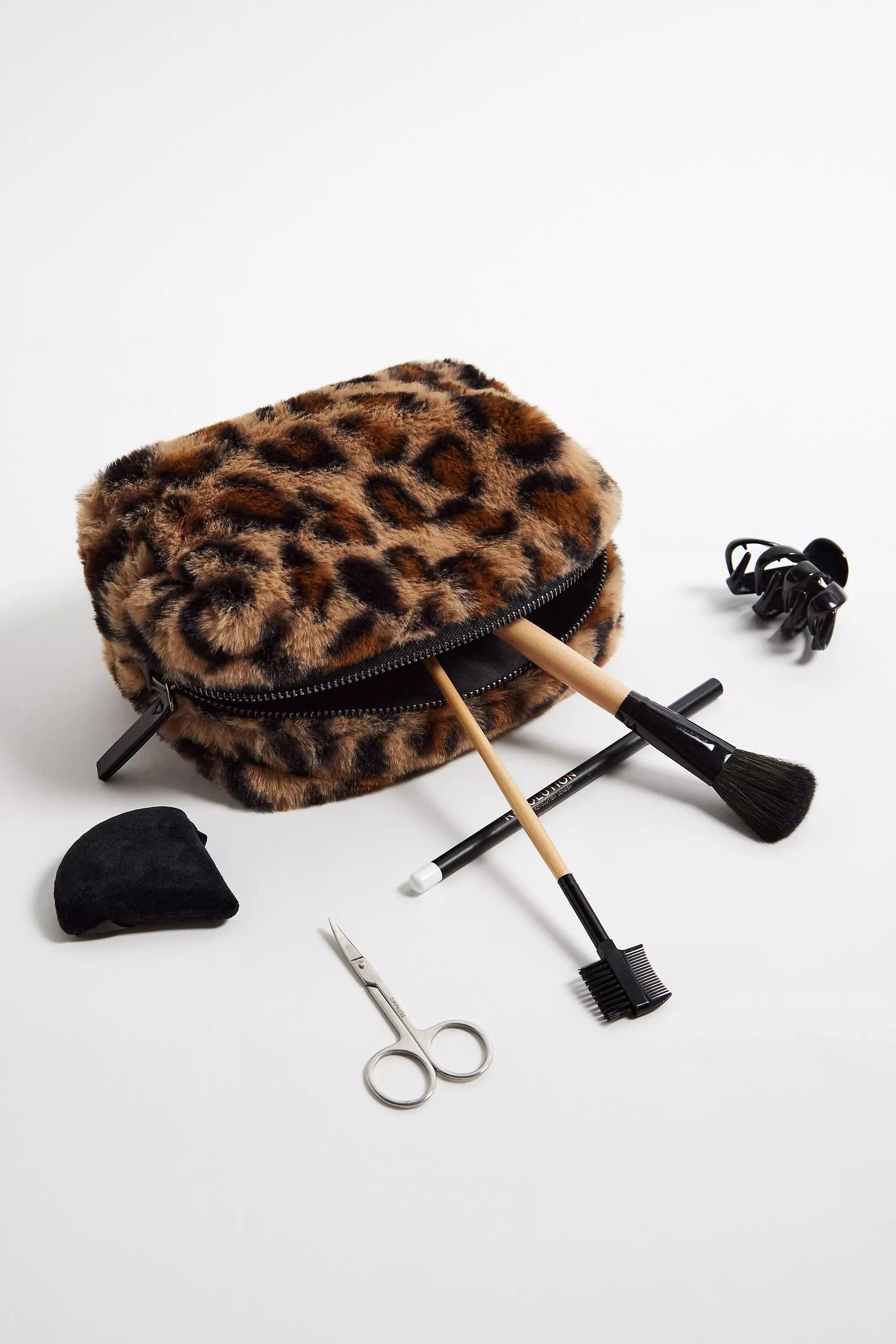 Brown Uo Leopard Print Fur Makeup Bag, BRN, large image number 1