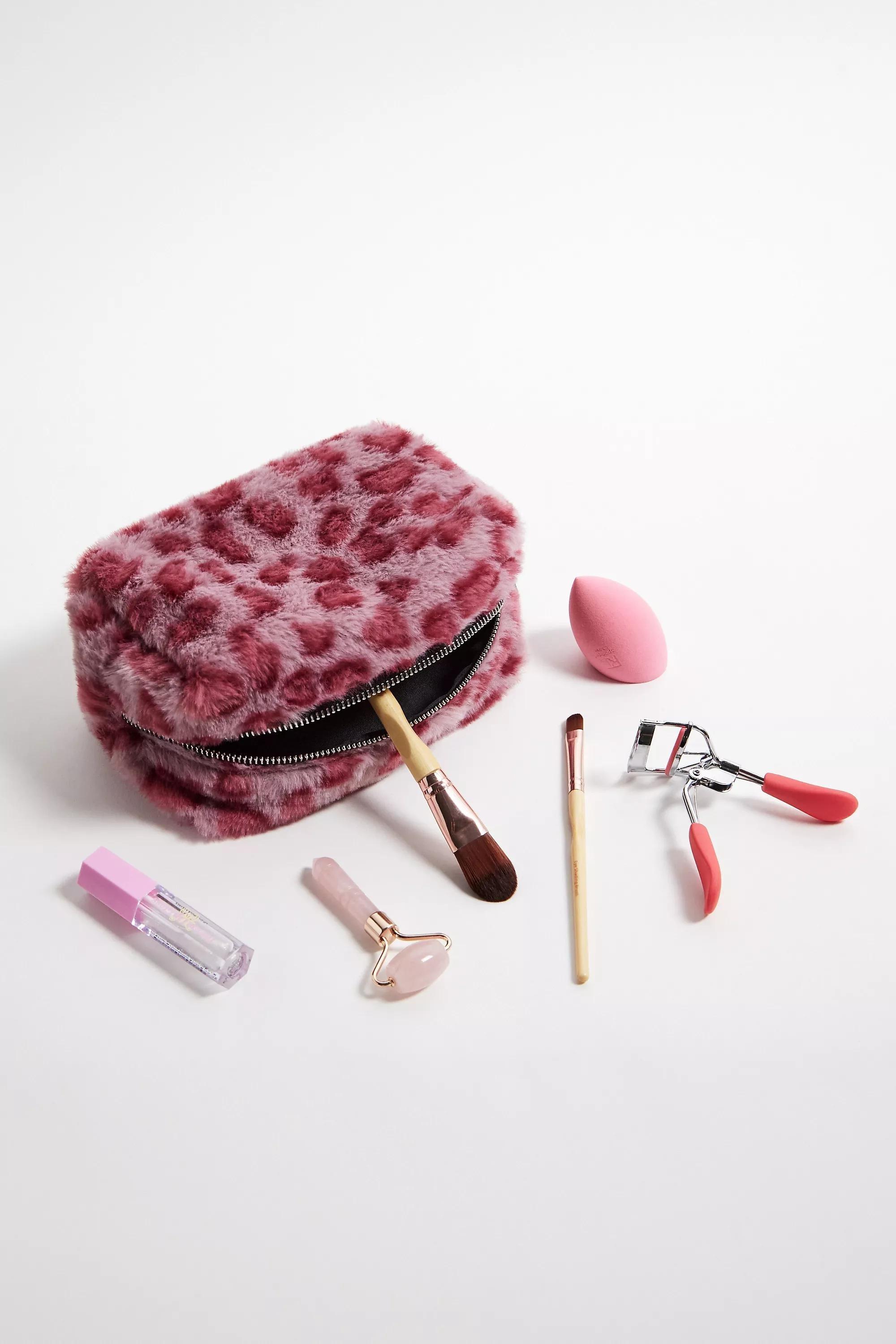 Pink Uo Leopard Print Fur Makeup Bag, PINK, large image number 1