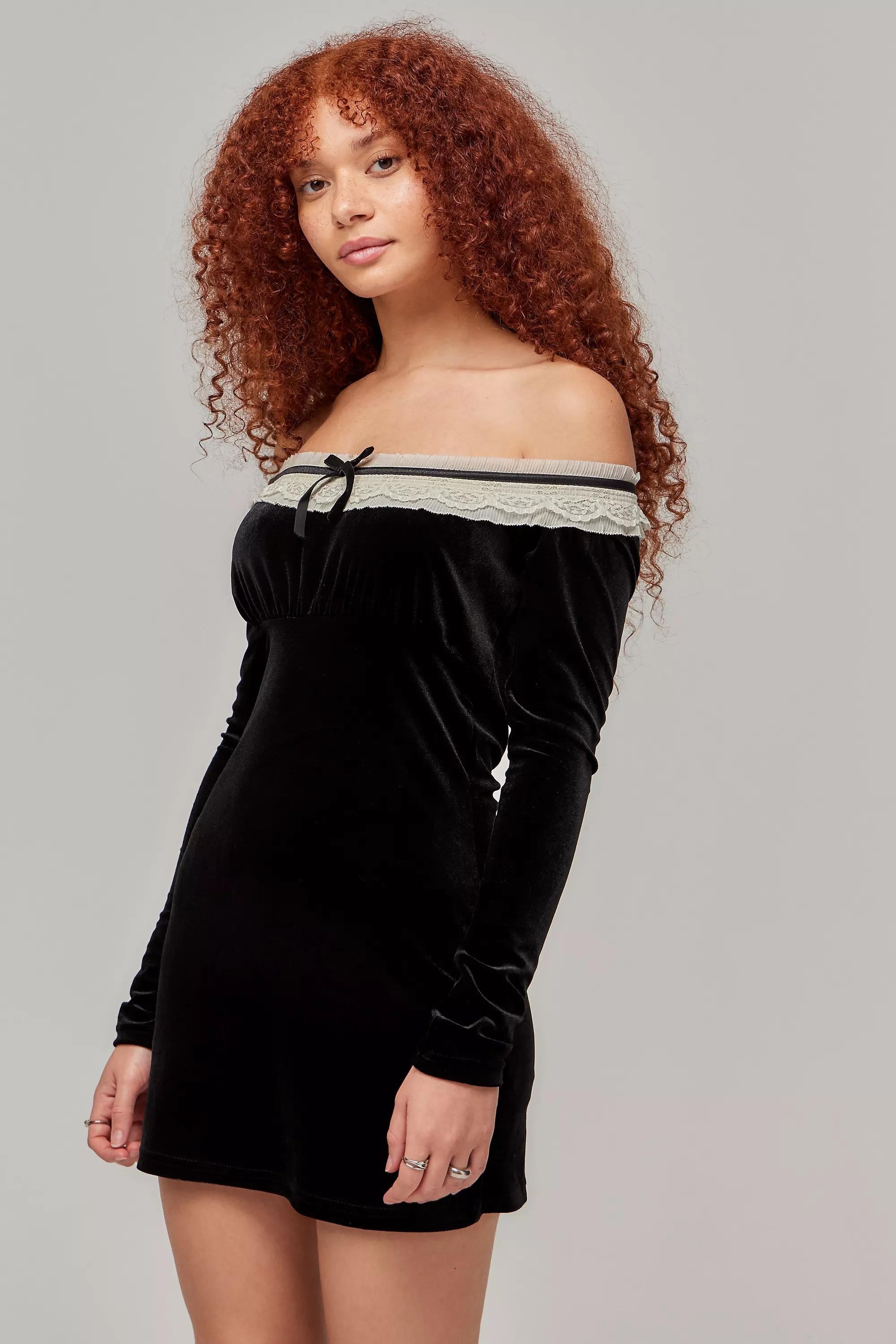 Black Kimchi Bardot Velvet Ruffle Mini Dress, , large image number 0