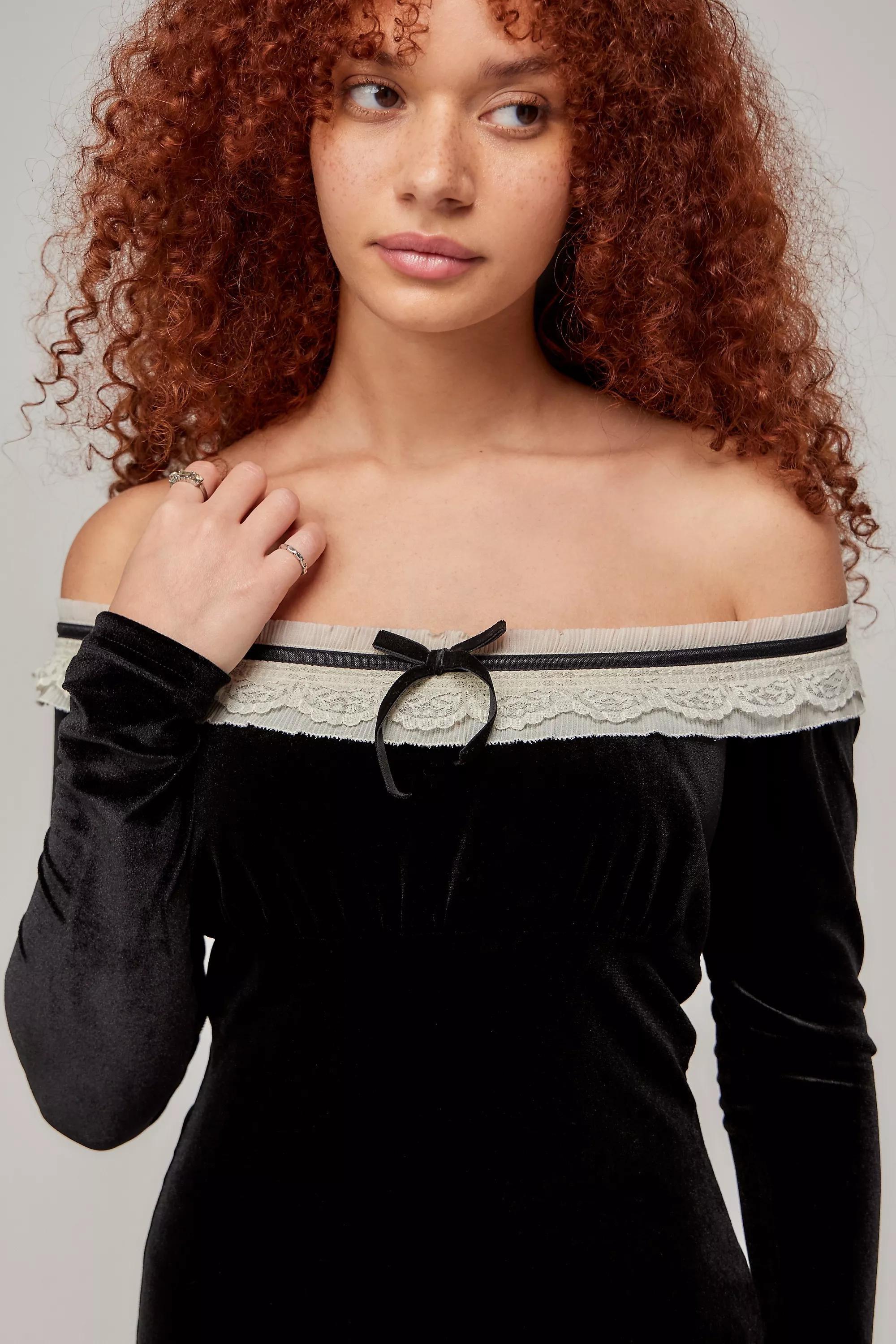 Black Kimchi Bardot Velvet Ruffle Mini Dress, , large image number 1