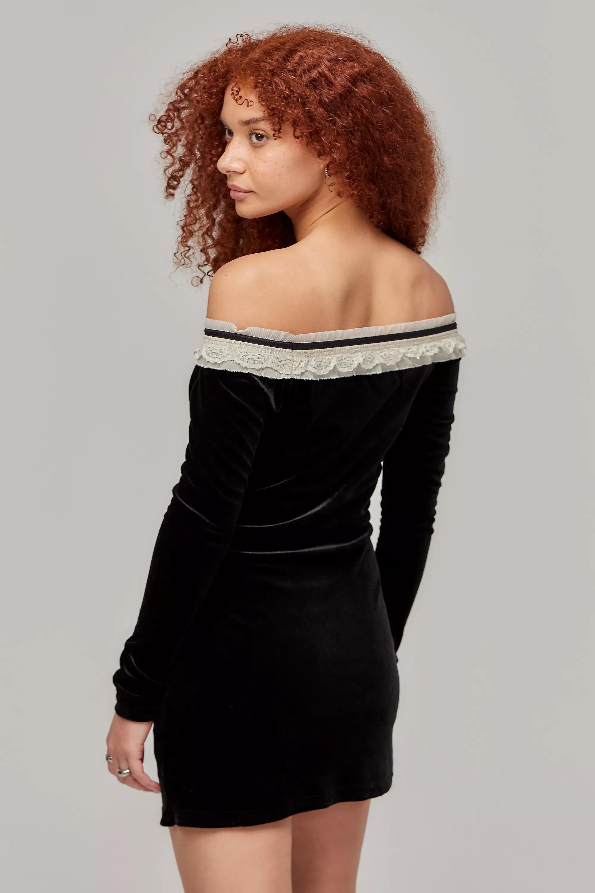 Black Kimchi Bardot Velvet Ruffle Mini Dress, , large image number 3