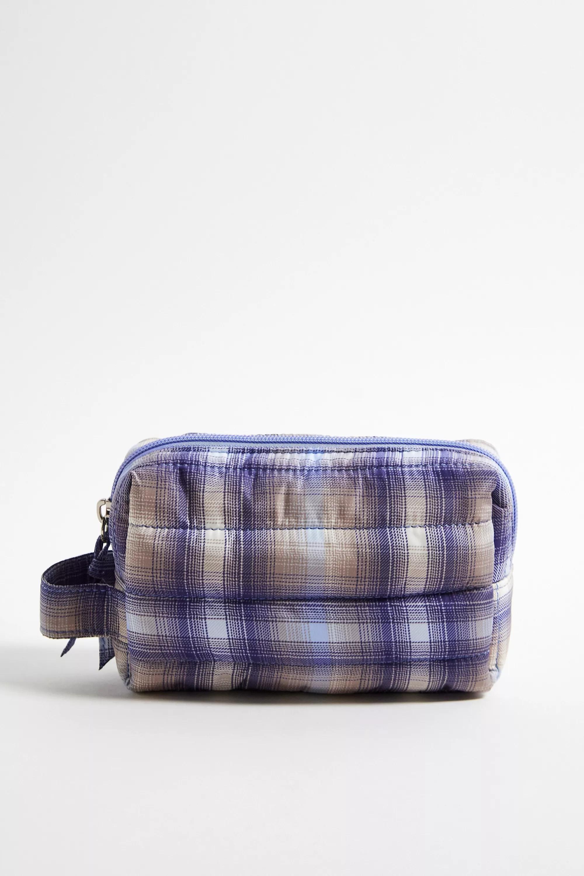 Blue Quilted Check Makeup Bag, BLUE, large image number 0