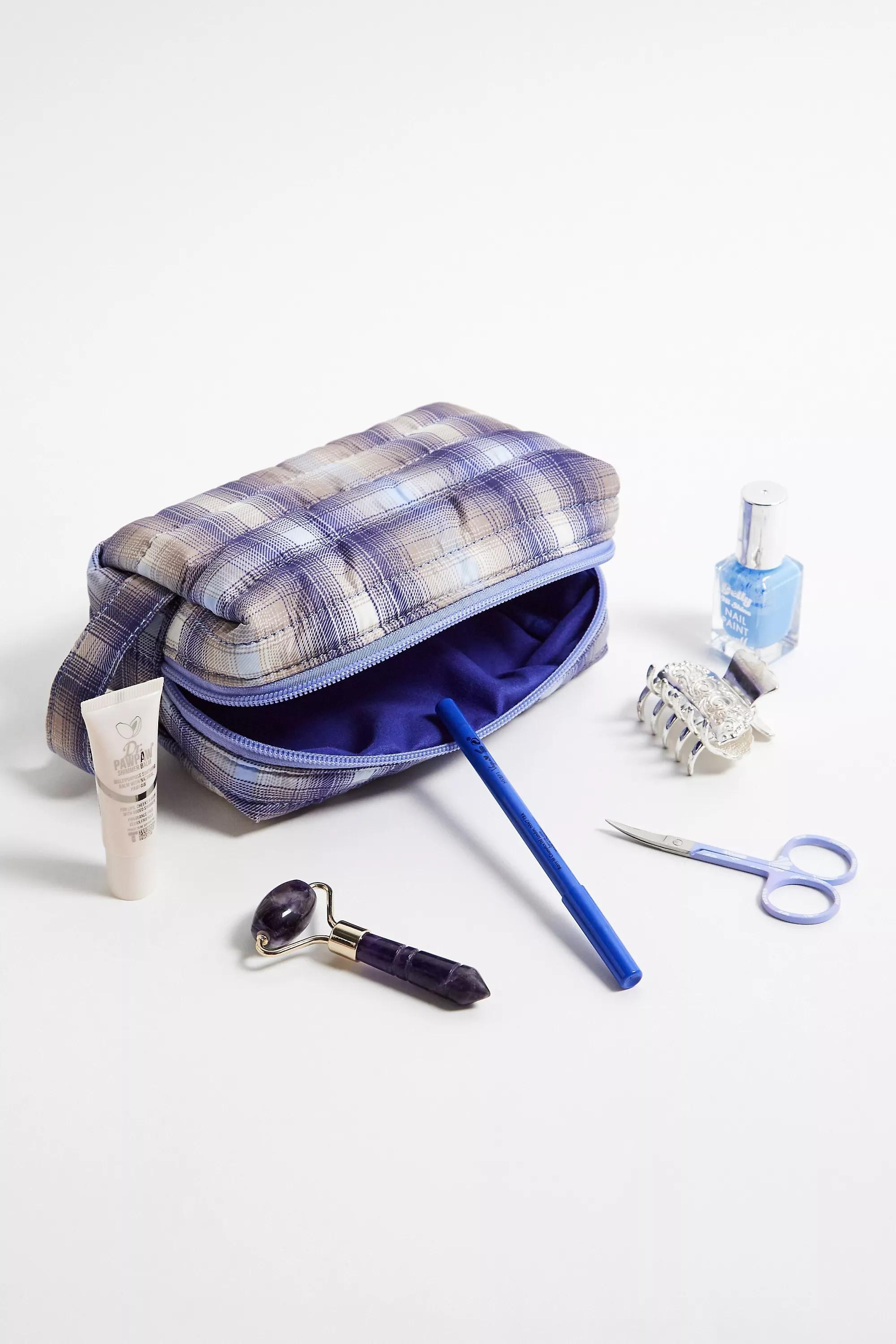 Blue Quilted Check Makeup Bag, BLUE, large image number 1