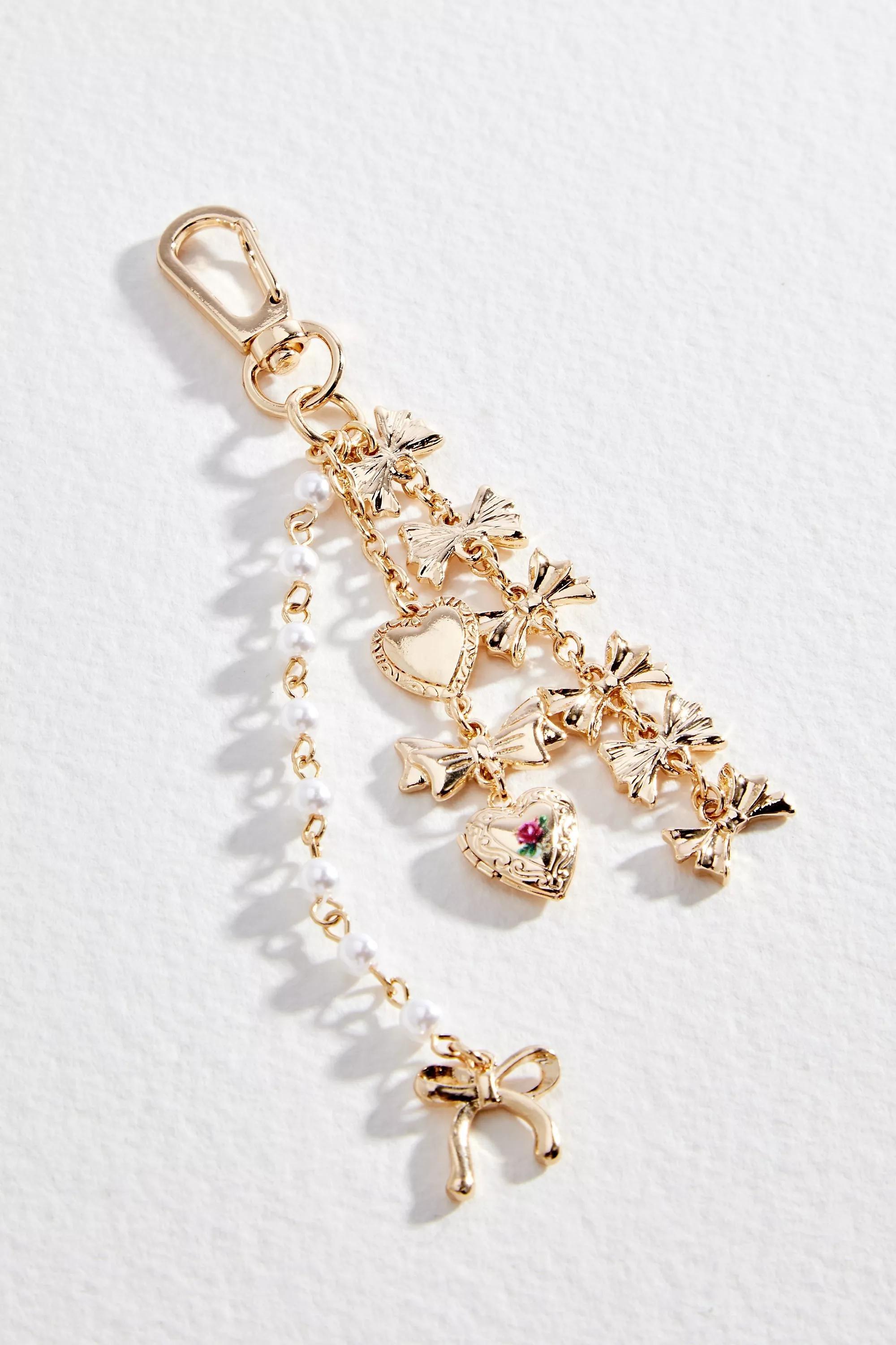 Gold Uo Kitsch Bow Keyring, GOLD, large image number 0