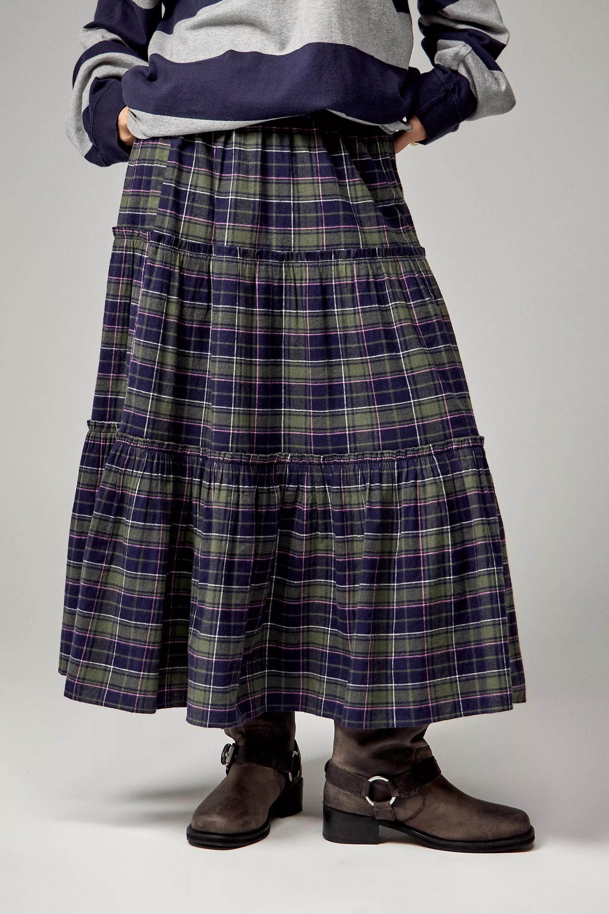 Uo Celia Check Tiered Maxi Skirt, , large image number 1