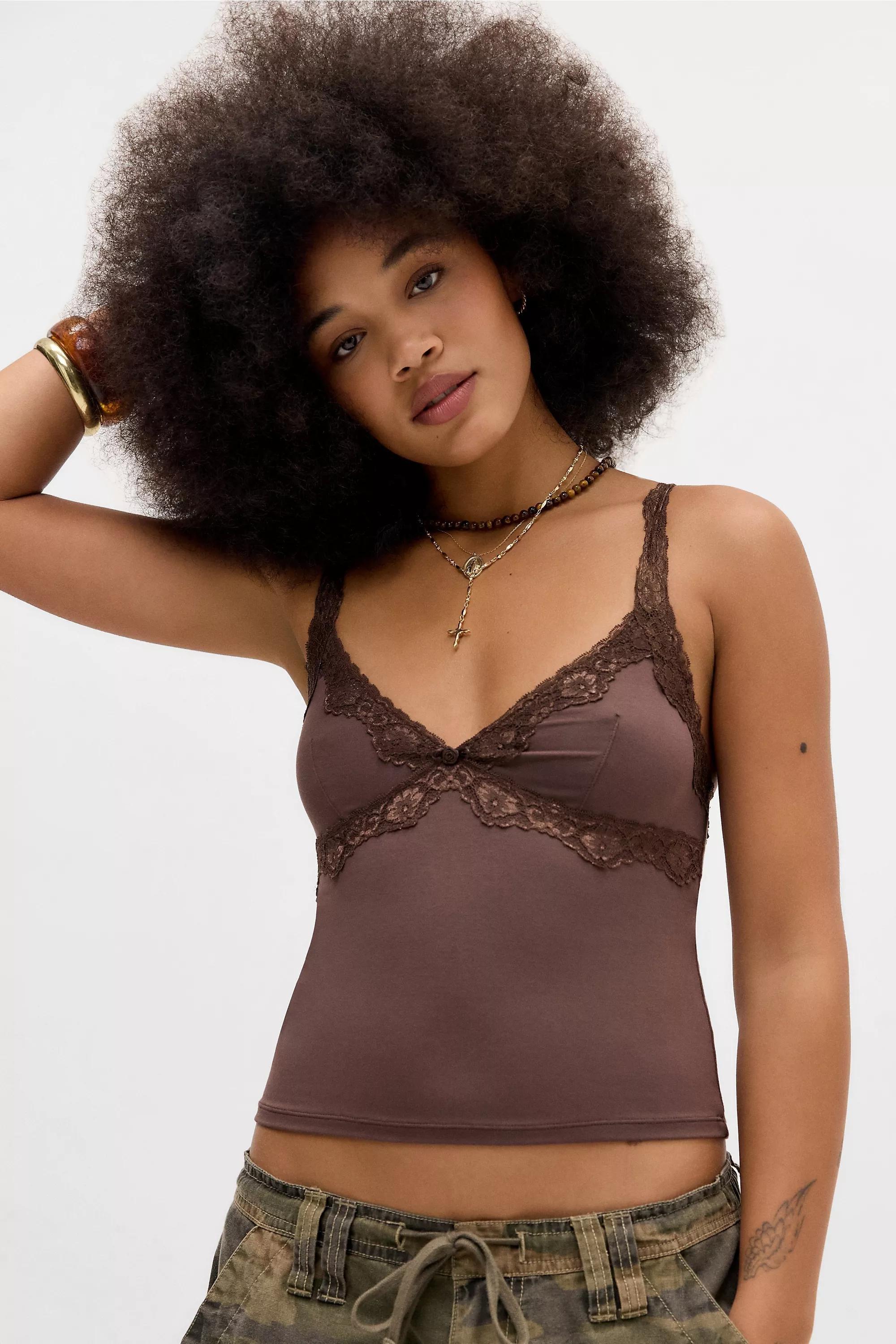 Brown Out From Under Lace Trim Cami Top, CHOC, medium